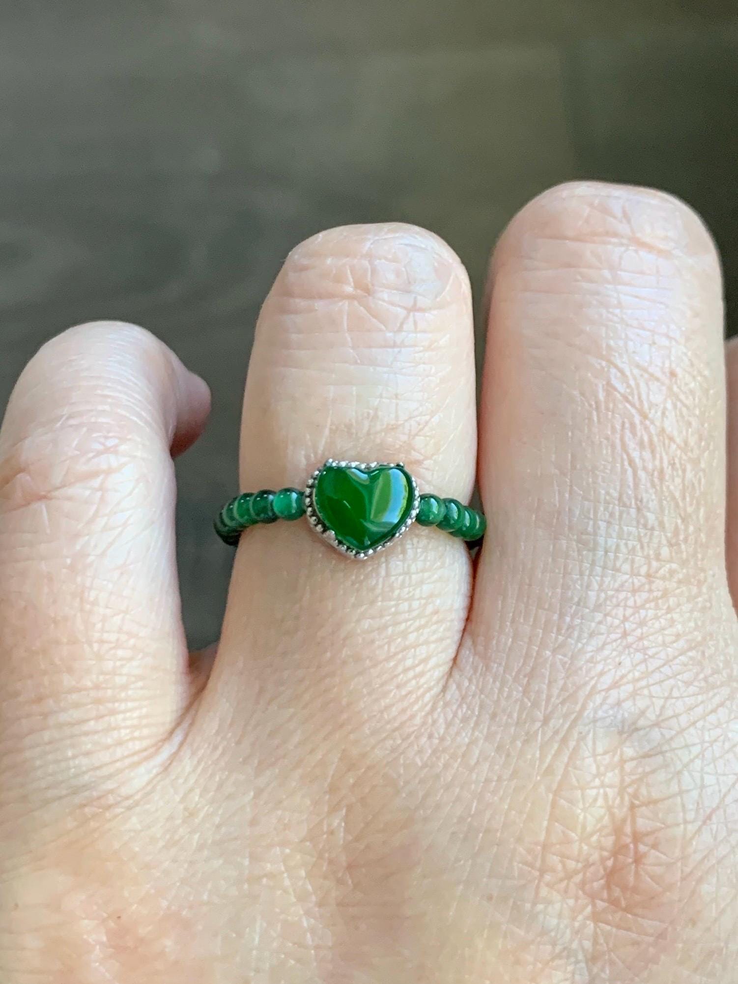Natural Guatemalan Icy Translucent Vibrant Green Jade Jadeite Petite Beads Heart Charm Beaded Band Ring Size 7 US 天然冰危绿翡翠小珠潘多拉爱心戒圈 WLZZ110