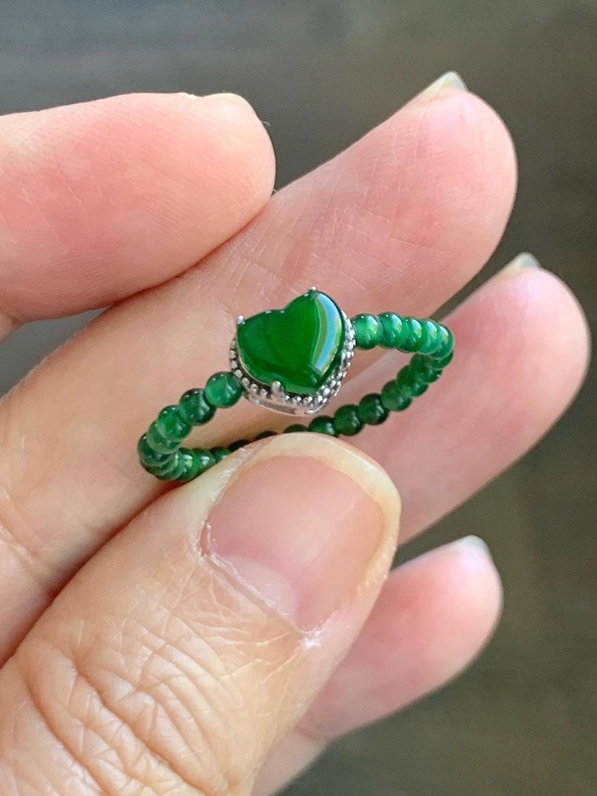 Natural Guatemalan Icy Translucent Vibrant Green Jade Jadeite Petite Beads Heart Charm Beaded Band Ring Size 7 US 天然冰危绿翡翠小珠潘多拉爱心戒圈 WLZZ110
