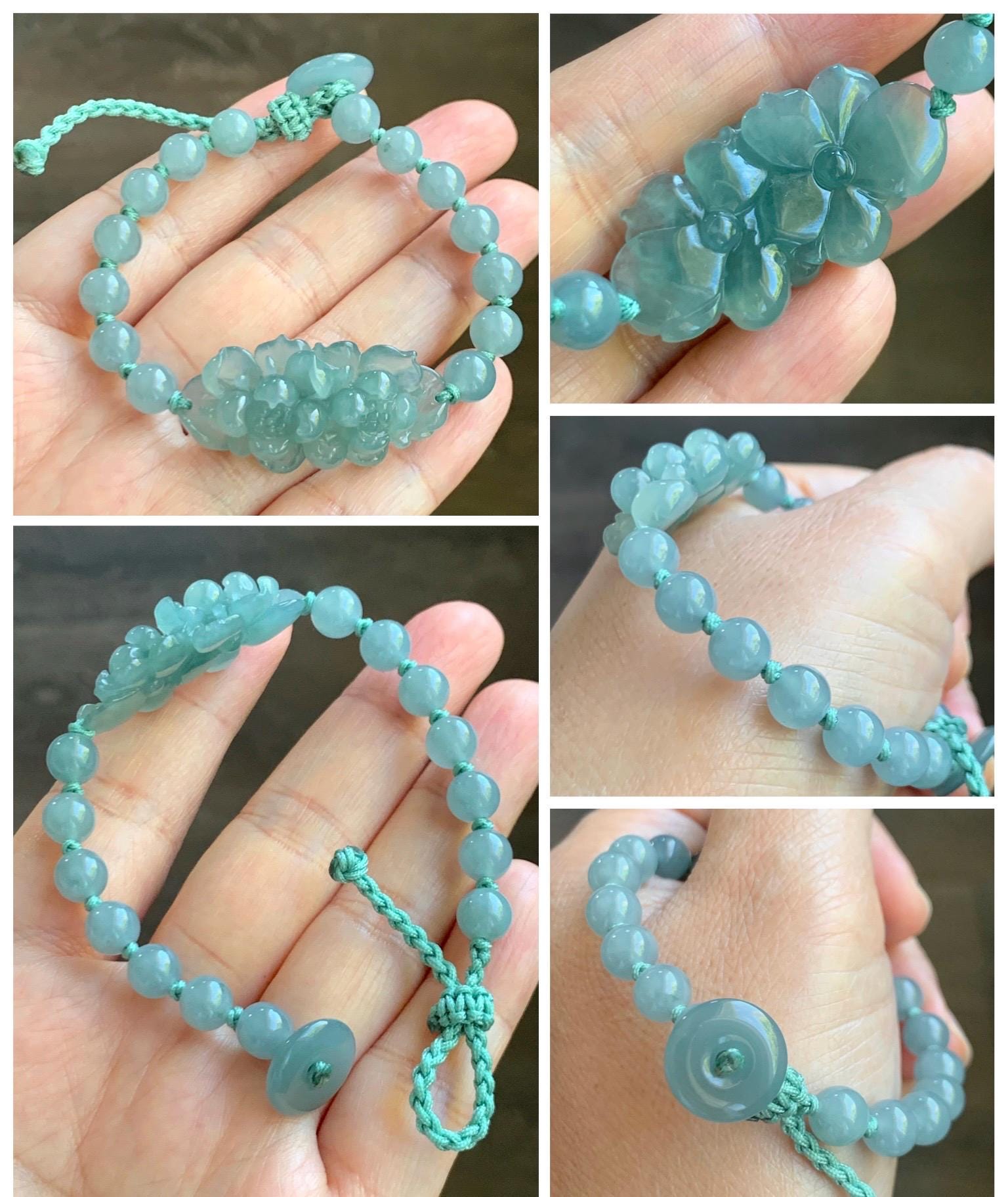 Natural Guatemalan Icy Translucent Light Teal Jade Jadeite Double Lotus Flower Beaded Rope Bracelet 6”-7.25” 16g 天然冰胶危浅蓝晴翡翠双莲花圆珠手串 QWQ279