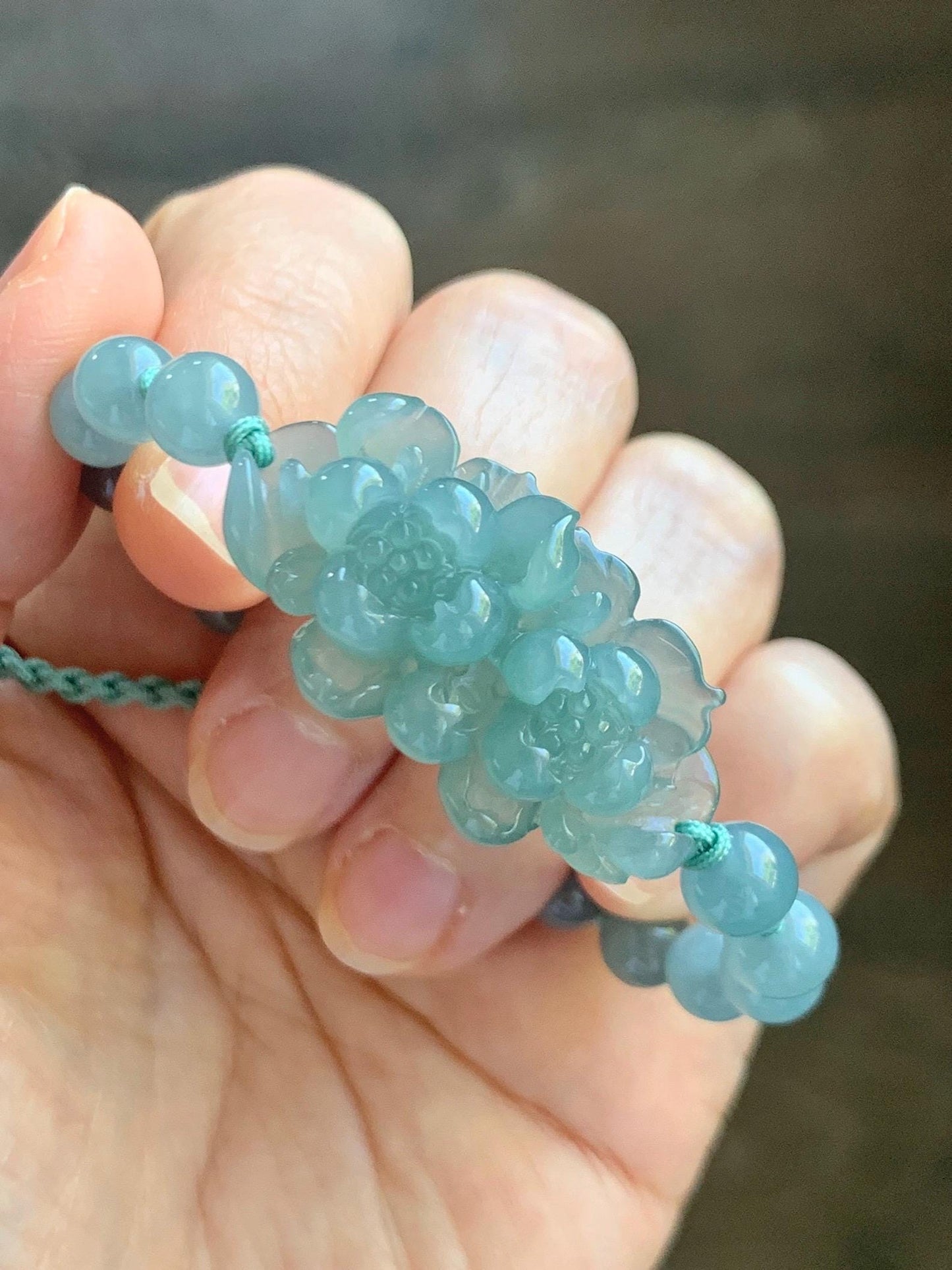 Natural Guatemalan Icy Translucent Light Teal Jade Jadeite Double Lotus Flower Beaded Rope Bracelet 6”-7.25” 16g 天然冰胶危浅蓝晴翡翠双莲花圆珠手串 QWQ279