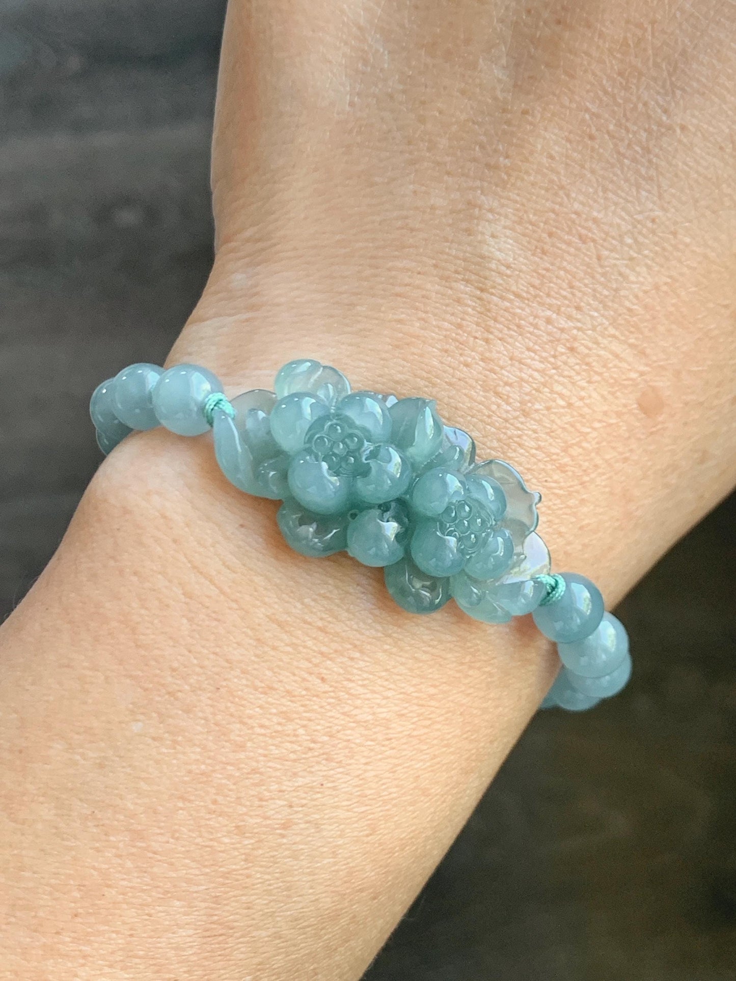 Natural Guatemalan Icy Translucent Light Teal Jade Jadeite Double Lotus Flower Beaded Rope Bracelet 6”-7.25” 16g 天然冰胶危浅蓝晴翡翠双莲花圆珠手串 QWQ279