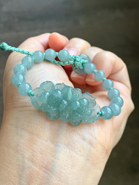 Natural Guatemalan Icy Translucent Light Teal Jade Jadeite Double Lotus Flower Beaded Rope Bracelet 6”-7.25” 16g 天然冰胶危浅蓝晴翡翠双莲花圆珠手串 QWQ279