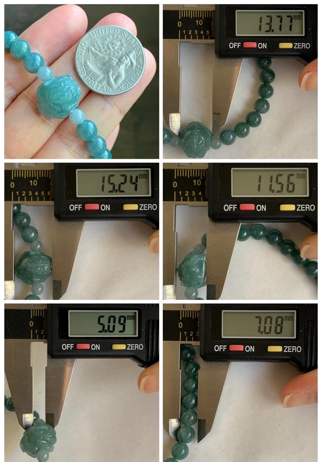 Natural Grade A Guatemalan Icy Translucent Teal Jade Jadeite Carved Pixiu Bead Beaded Bracelet Stretchy 7mm 7.25” 18g 天然冰危蓝绿翡翠貔貅珠圆珠手串 PXZ15