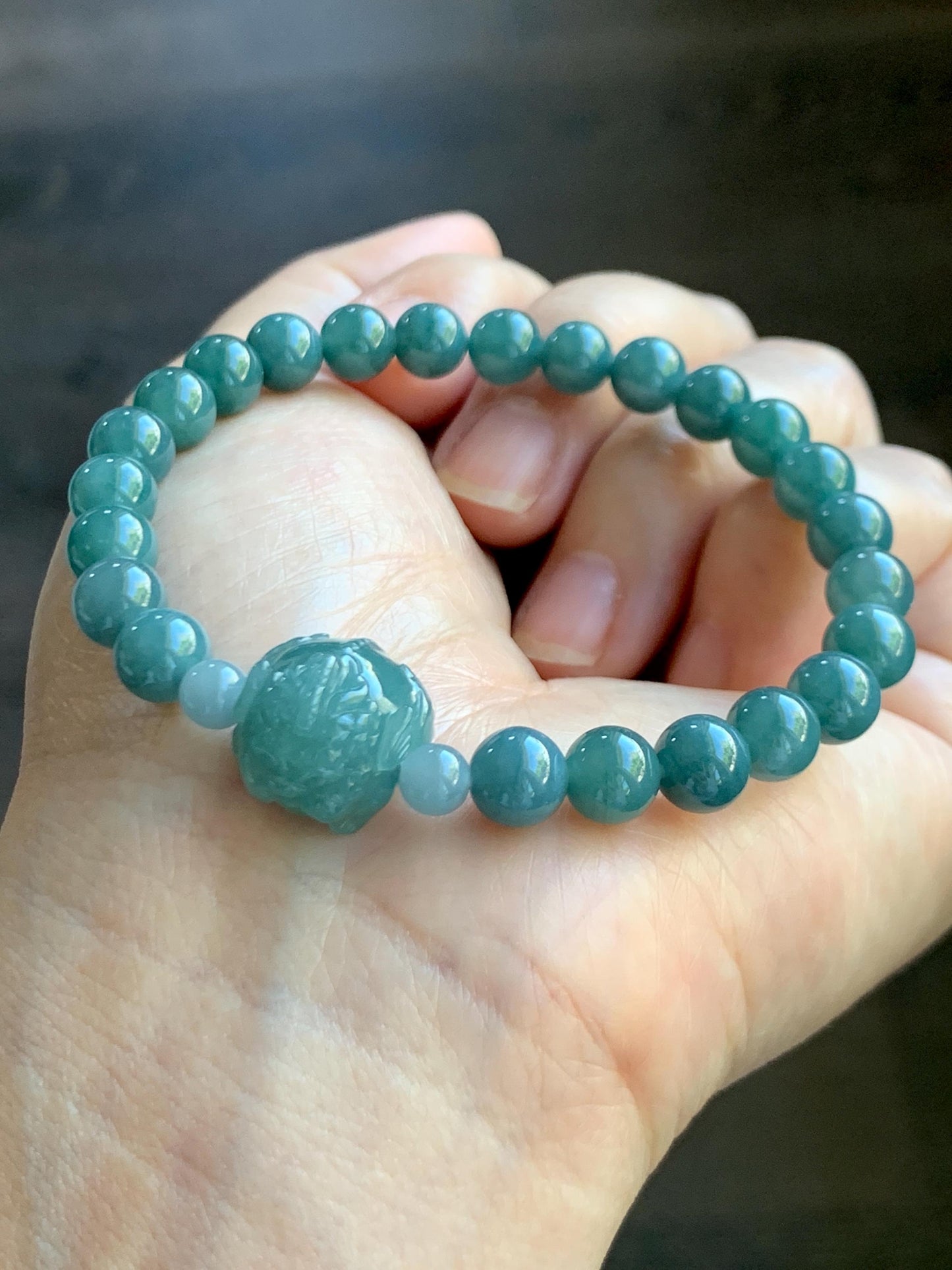 Natural Grade A Guatemalan Icy Translucent Teal Jade Jadeite Carved Pixiu Bead Beaded Bracelet Stretchy 7mm 7.25” 18g 天然冰危蓝绿翡翠貔貅珠圆珠手串 PXZ15