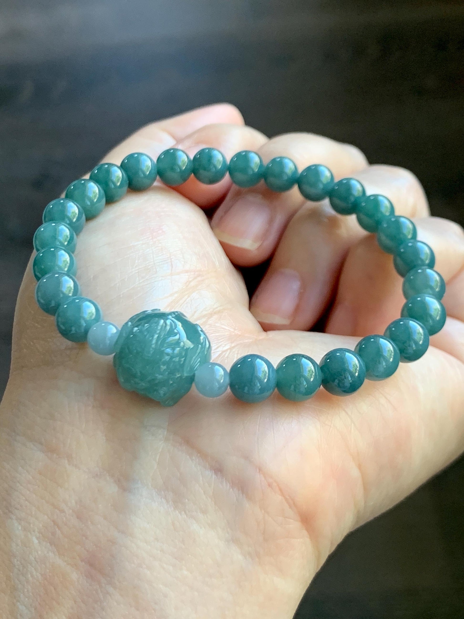 Natural Grade A Guatemalan Icy Translucent Teal Jade Jadeite Carved Pixiu Bead Beaded Bracelet Stretchy 7mm 7.25” 18g 天然冰危蓝绿翡翠貔貅珠圆珠手串 PXZ15