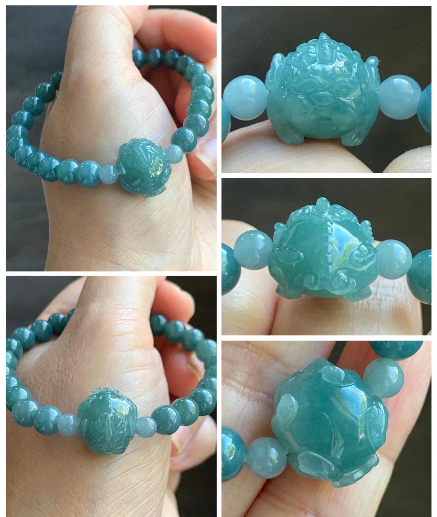 Natural Grade A Guatemalan Icy Translucent Teal Jade Jadeite Carved Pixiu Bead Beaded Bracelet Stretchy 7mm 7.25” 18g 天然冰危蓝绿翡翠貔貅珠圆珠手串 PXZ15