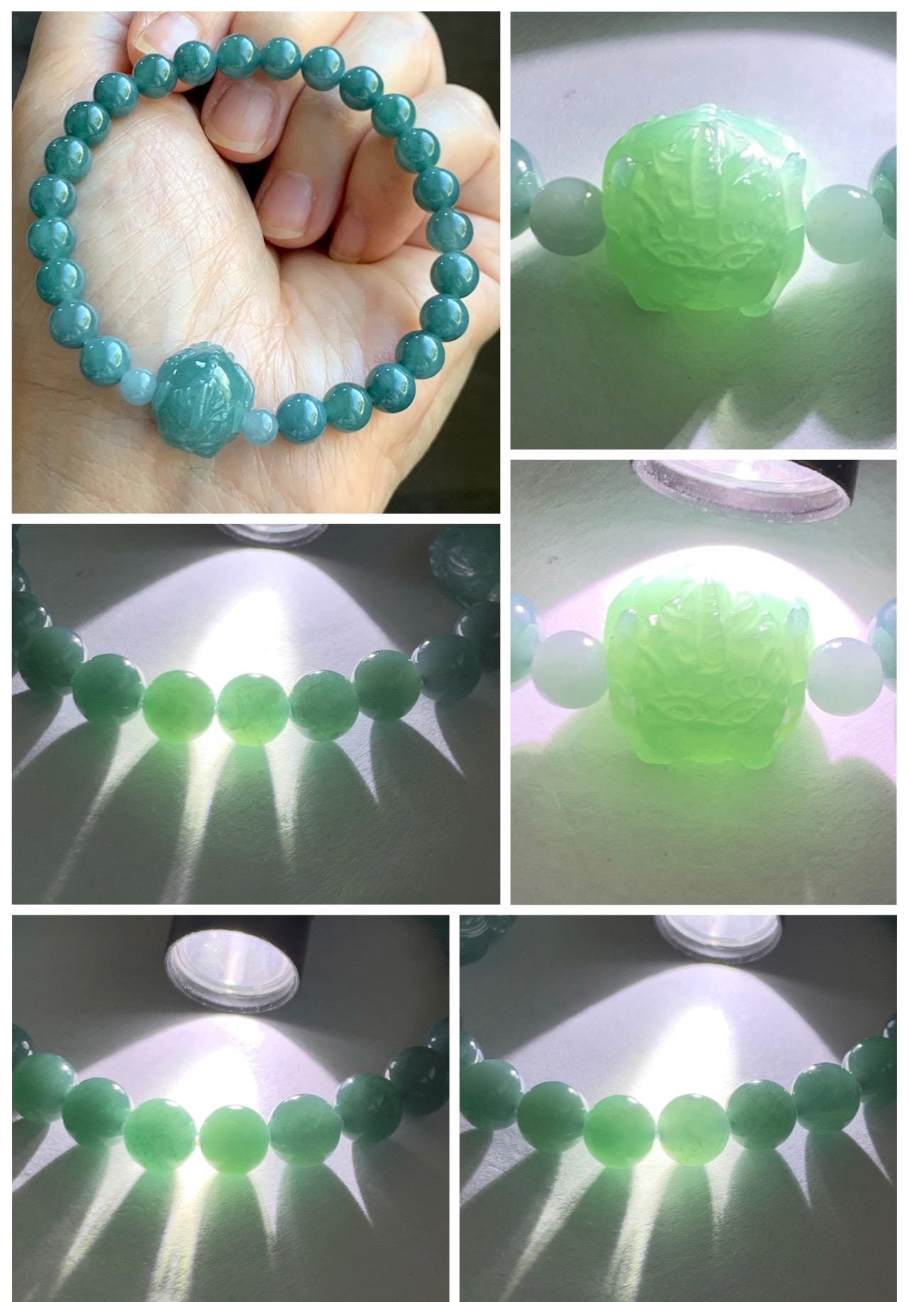Natural Grade A Guatemalan Icy Translucent Teal Jade Jadeite Carved Pixiu Bead Beaded Bracelet Stretchy 7mm 7.25” 18g 天然冰危蓝绿翡翠貔貅珠圆珠手串 PXZ15
