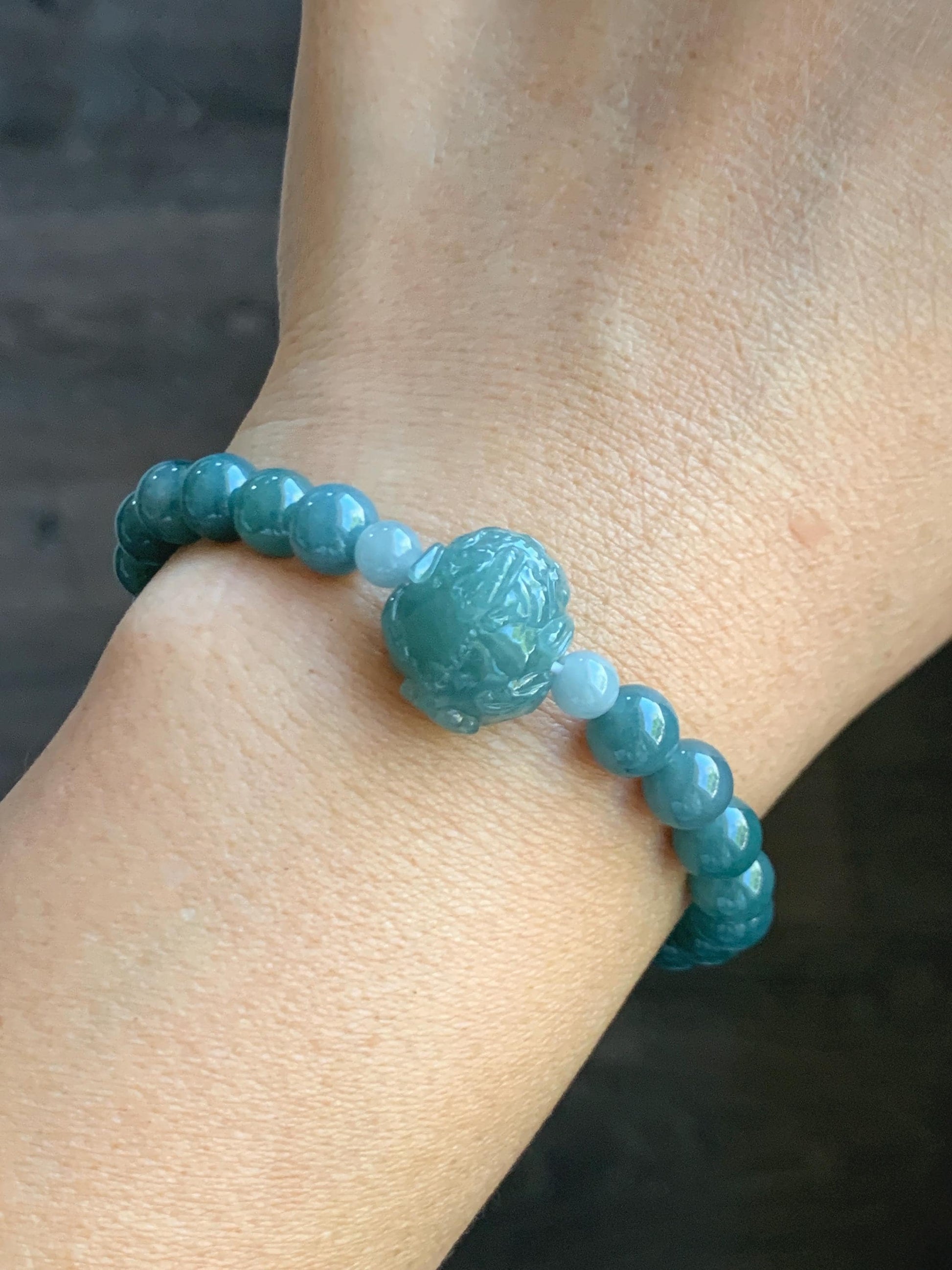 Natural Grade A Guatemalan Icy Translucent Teal Jade Jadeite Carved Pixiu Bead Beaded Bracelet Stretchy 7mm 7.25” 18g 天然冰危蓝绿翡翠貔貅珠圆珠手串 PXZ15