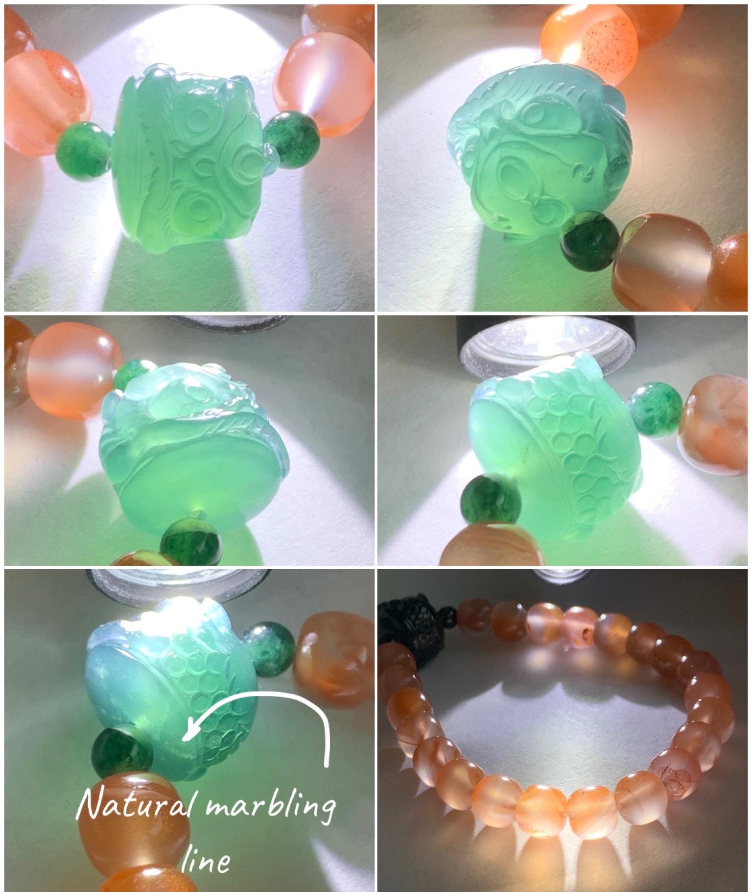 Natural Guatemalan Grade A Icy Translucent Dark Aegean Blue Jade Jadeite Dancing Lion Agate Beaded Bracelet 7” 天然冰胶危蓝绿翡翠醒狮珠玛瑙手串 XSH127