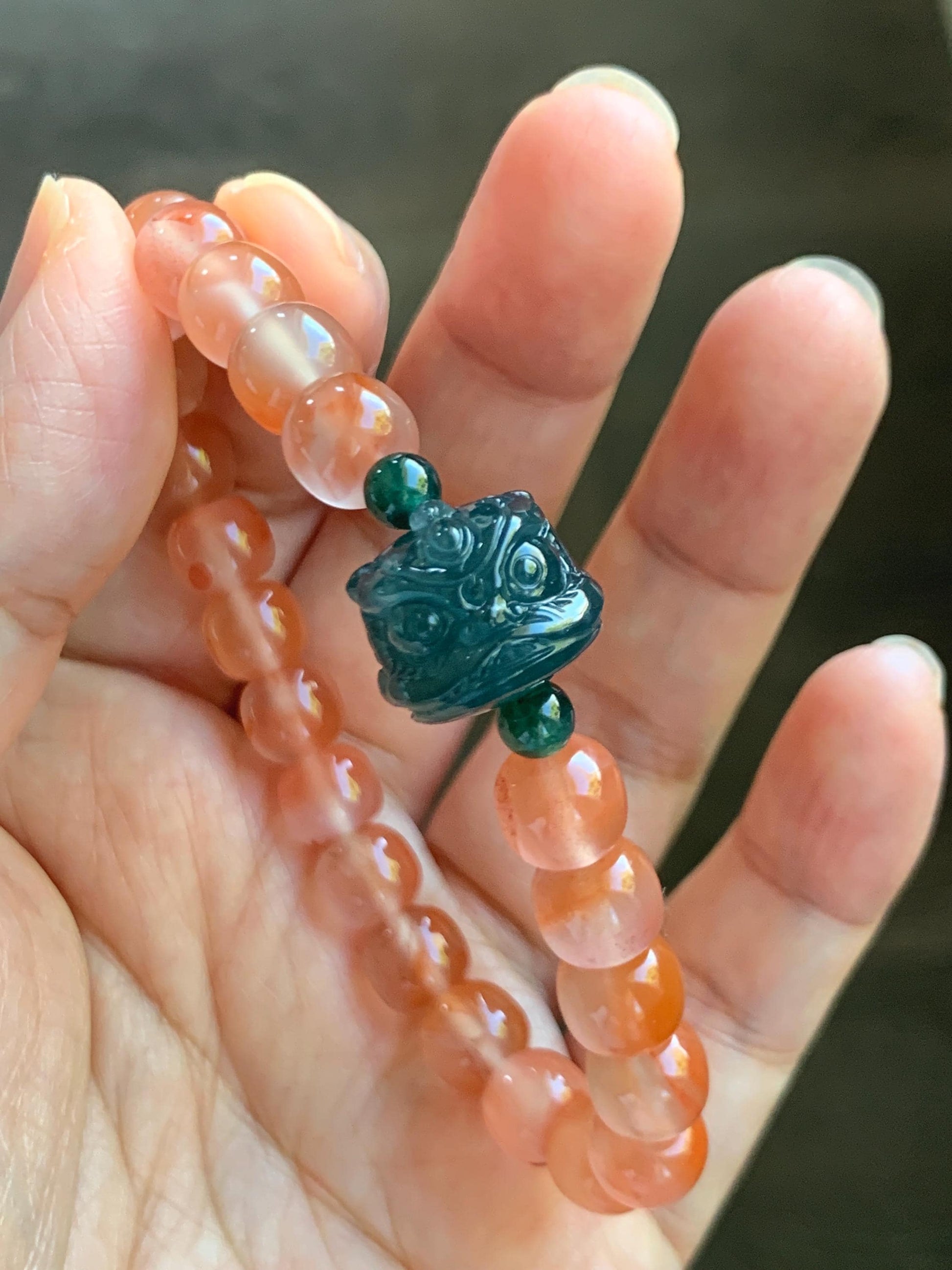Natural Guatemalan Grade A Icy Translucent Dark Aegean Blue Jade Jadeite Dancing Lion Agate Beaded Bracelet 7” 天然冰胶危蓝绿翡翠醒狮珠玛瑙手串 XSH127