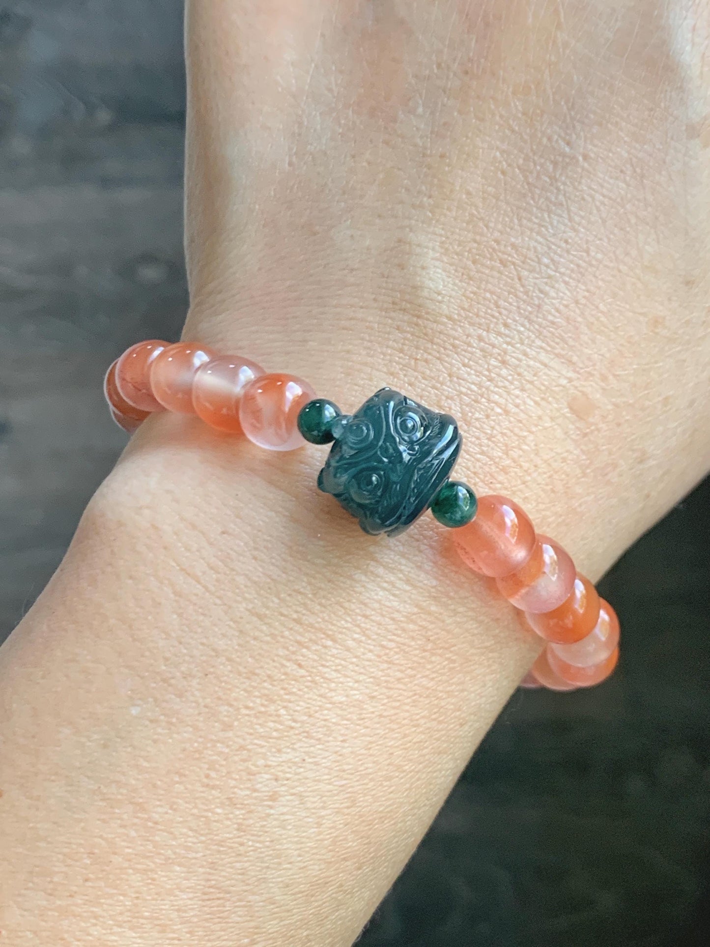 Natural Guatemalan Grade A Icy Translucent Dark Aegean Blue Jade Jadeite Dancing Lion Agate Beaded Bracelet 7” 天然冰胶危蓝绿翡翠醒狮珠玛瑙手串 XSH127
