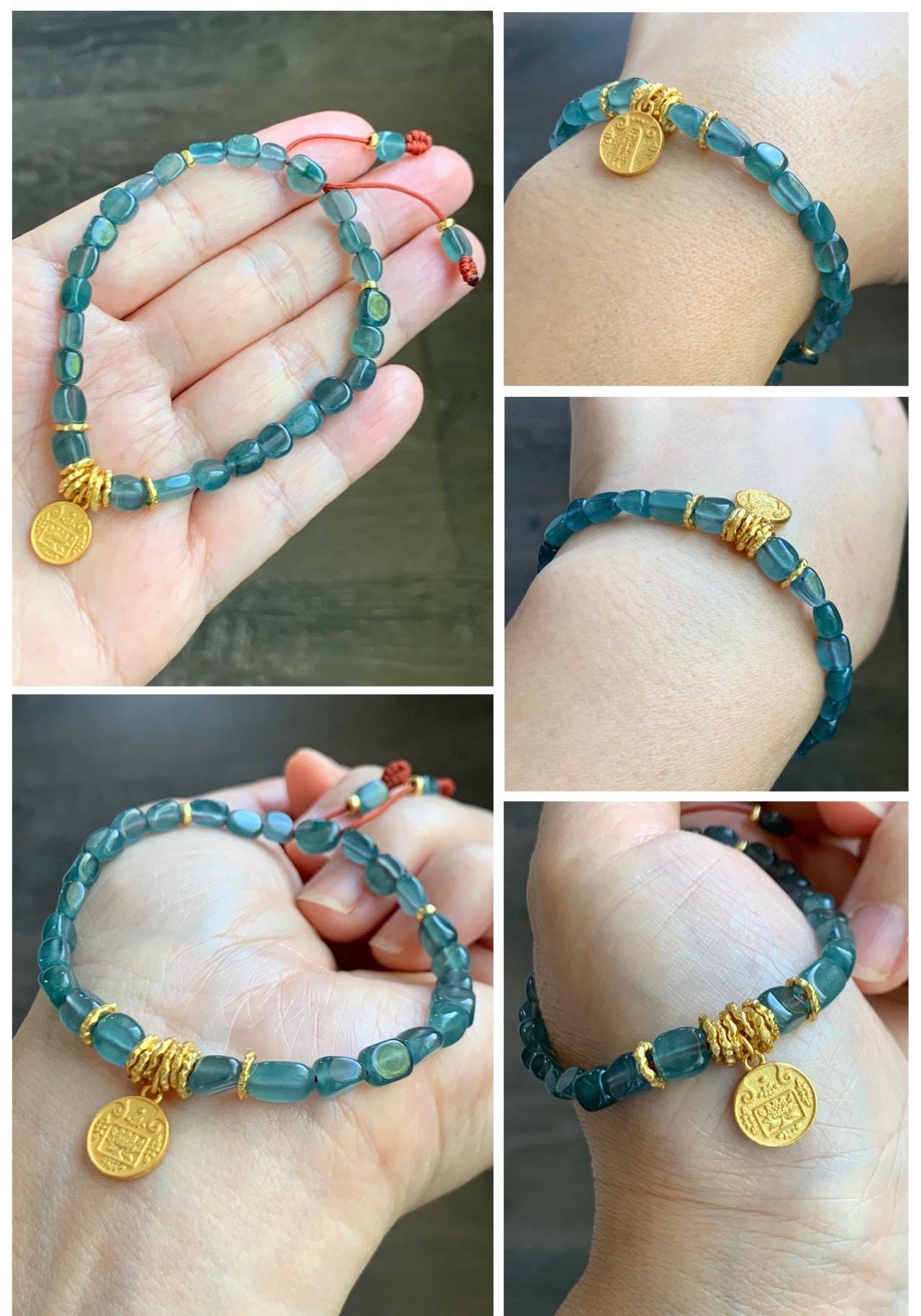 Natural Grade A Guatemalan Icy Translucent Teal Blue Jade Jadeite Nuggets Beaded Fortune Bracelet Sterling Silver 6.75” 天然冰透危蓝翡翠随形珠手串 XSX168