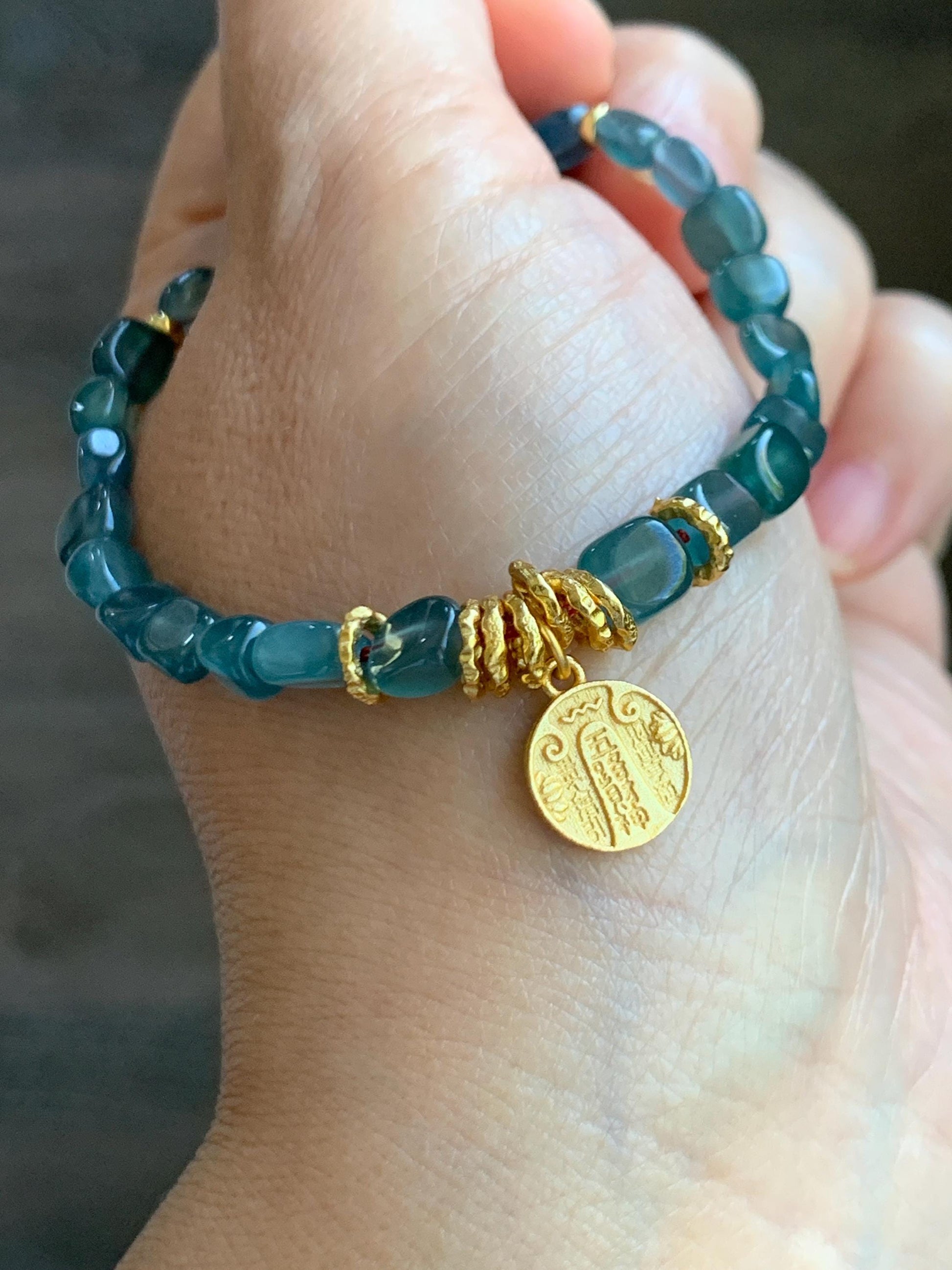 Natural Grade A Guatemalan Icy Translucent Teal Blue Jade Jadeite Nuggets Beaded Fortune Bracelet Sterling Silver 6.75” 天然冰透危蓝翡翠随形珠手串 XSX168