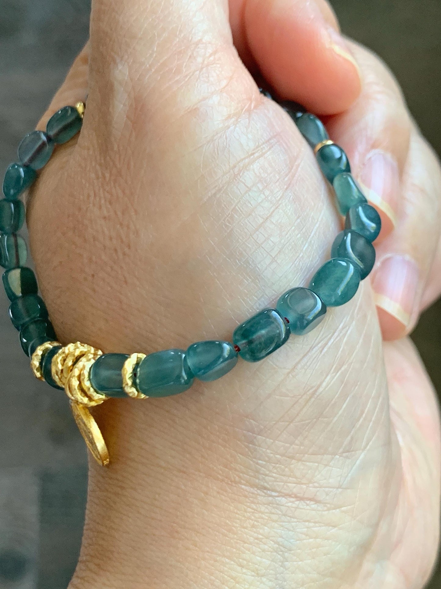 Natural Grade A Guatemalan Icy Translucent Teal Blue Jade Jadeite Nuggets Beaded Fortune Bracelet Sterling Silver 6.75” 天然冰透危蓝翡翠随形珠手串 XSX168