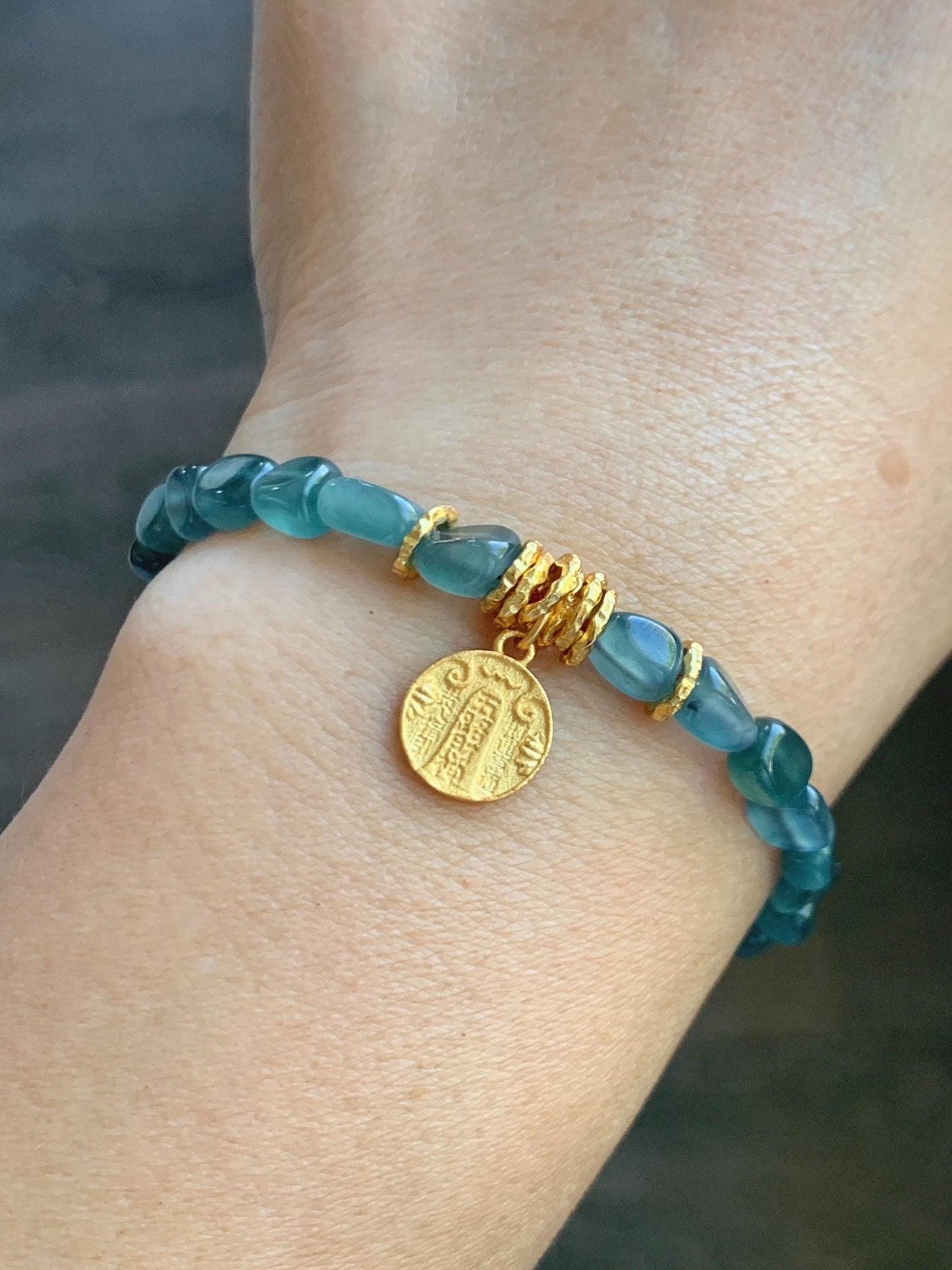 Natural Grade A Guatemalan Icy Translucent Teal Blue Jade Jadeite Nuggets Beaded Fortune Bracelet Sterling Silver 6.75” 天然冰透危蓝翡翠随形珠手串 XSX168