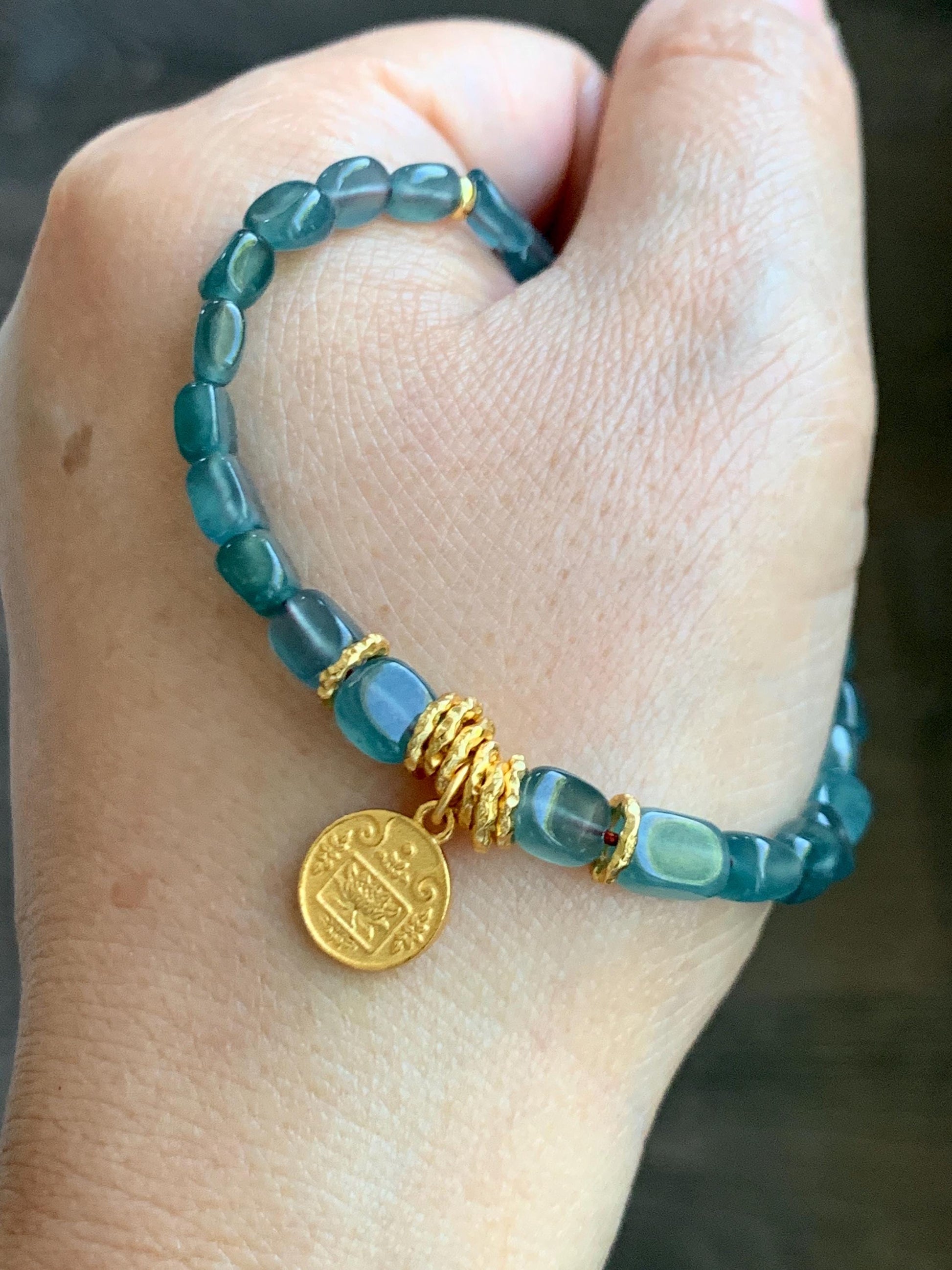 Natural Grade A Guatemalan Icy Translucent Teal Blue Jade Jadeite Nuggets Beaded Fortune Bracelet Sterling Silver 6.75” 天然冰透危蓝翡翠随形珠手串 XSX168