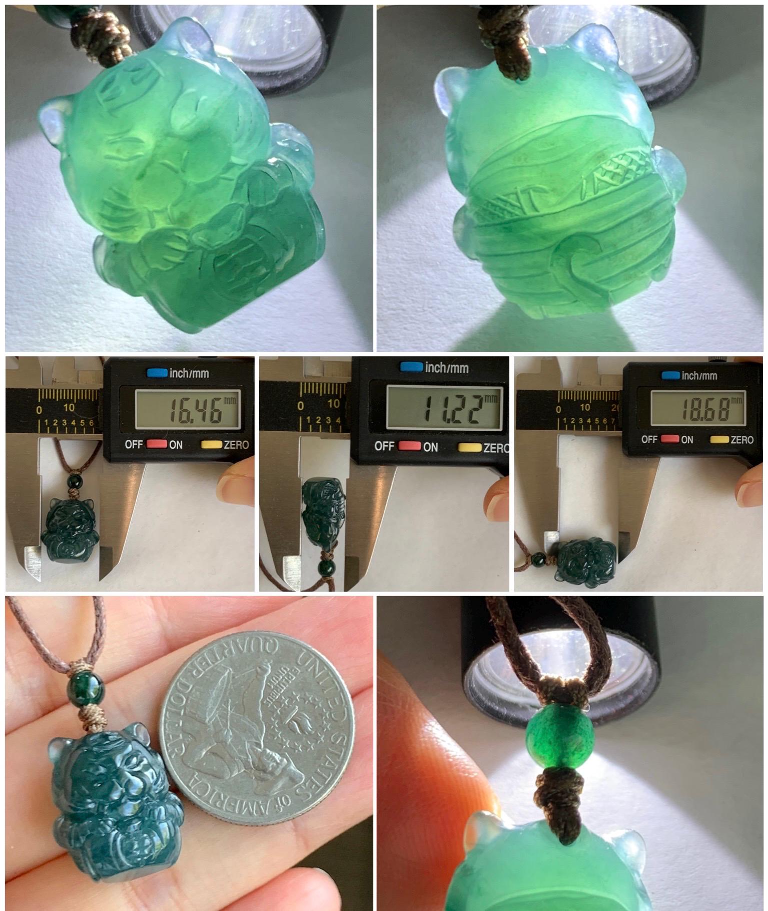 Natural Grade A Guatemalan Icy Translucent Dark Teal Blue Jade Jadeite Tiger Pendant Rope Necklace Chinese Zodiac 25” 天然冰危深蓝翡翠生肖虎吊坠 SHX150T