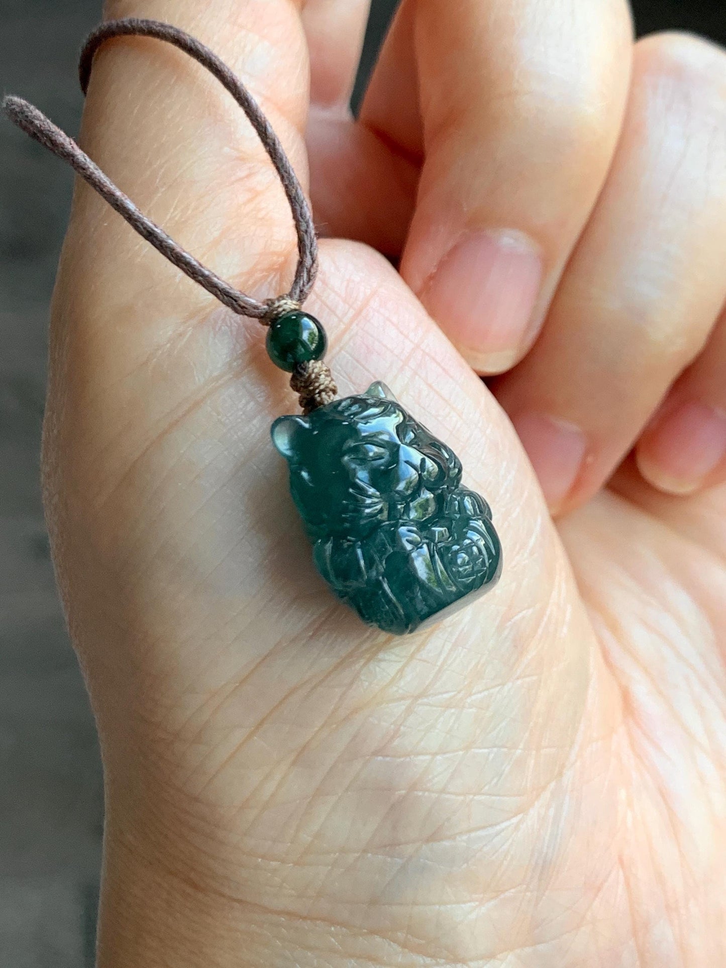 Natural Grade A Guatemalan Icy Translucent Dark Teal Blue Jade Jadeite Tiger Pendant Rope Necklace Chinese Zodiac 25” 天然冰危深蓝翡翠生肖虎吊坠 SHX150T