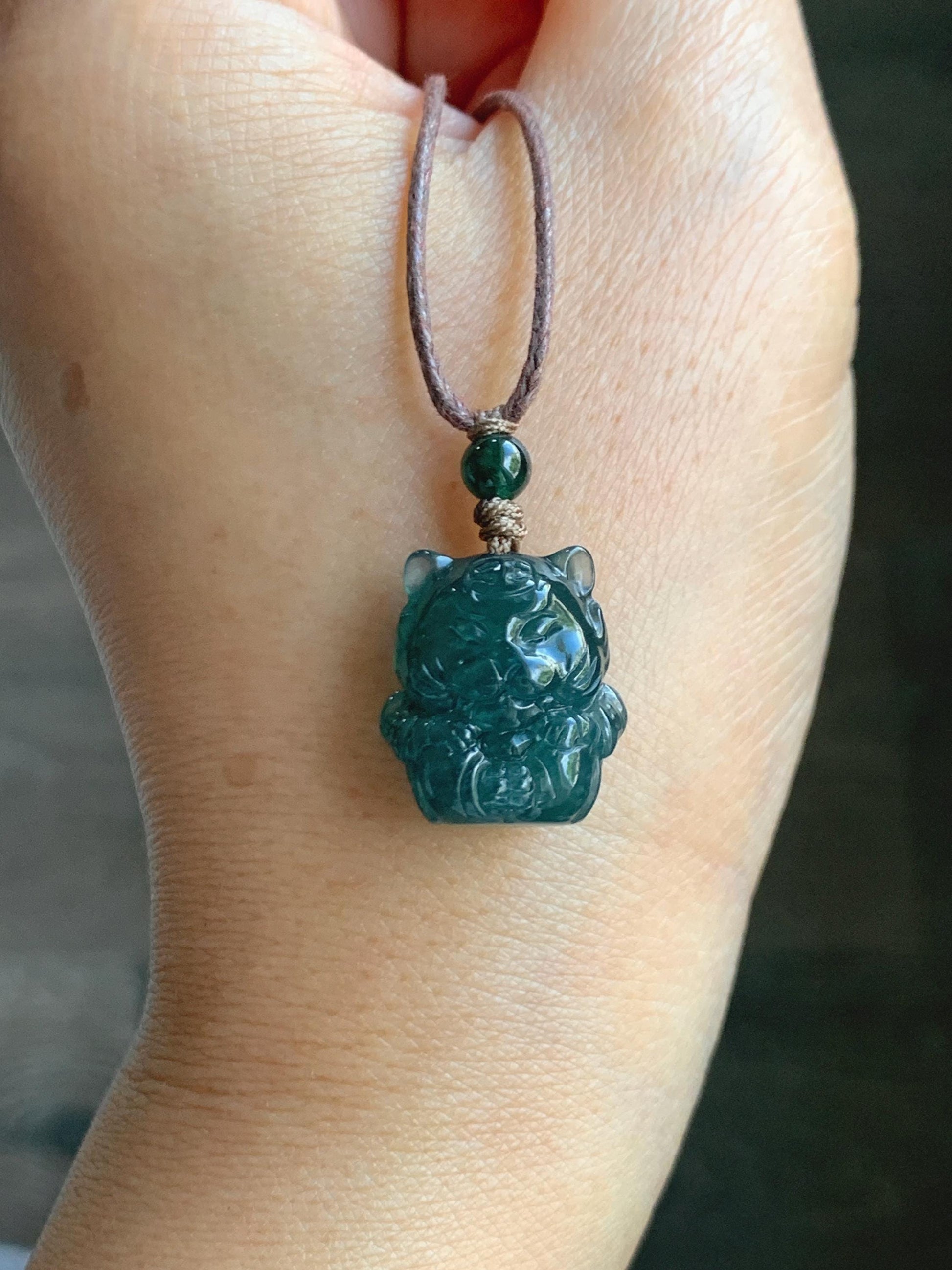 Natural Grade A Guatemalan Icy Translucent Dark Teal Blue Jade Jadeite Tiger Pendant Rope Necklace Chinese Zodiac 25” 天然冰危深蓝翡翠生肖虎吊坠 SHX150T