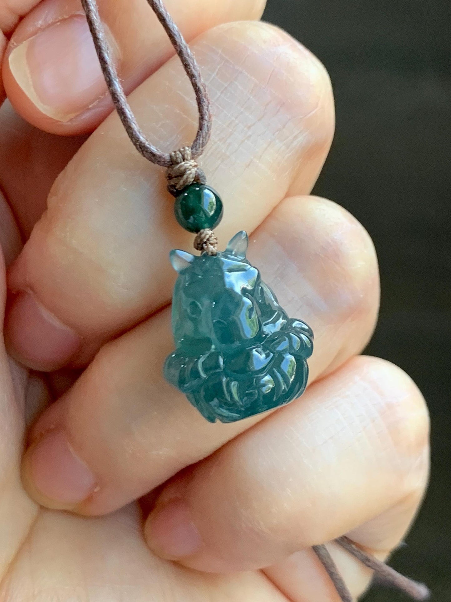 Natural Grade A Guatemalan Icy Translucent Dark Teal Blue Jade Jadeite Horse Pendant Rope Necklace Chinese Zodiac 25” 天然冰危深蓝翡翠生肖马吊坠 SHX150H