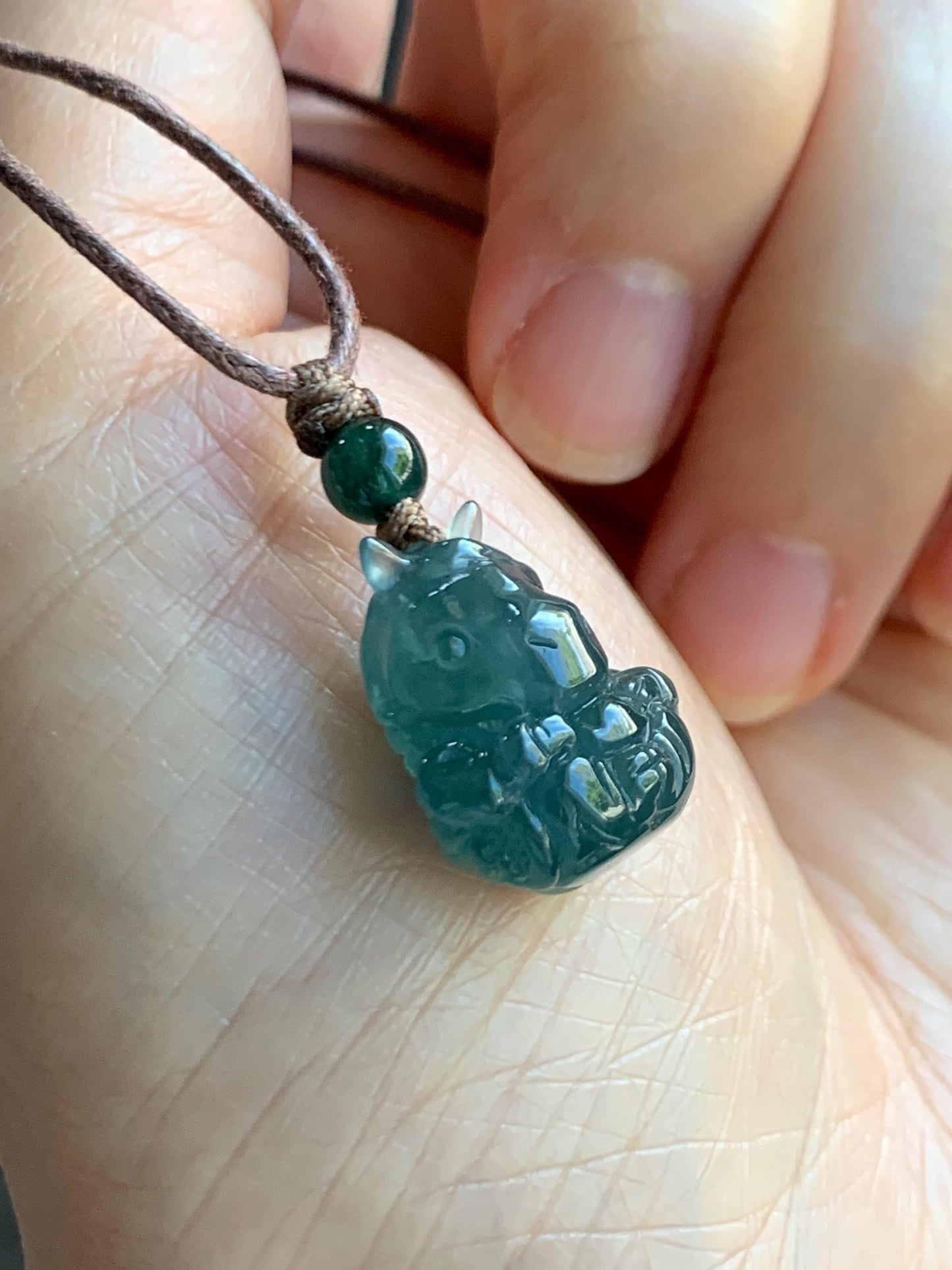 Natural Grade A Guatemalan Icy Translucent Dark Teal Blue Jade Jadeite Horse Pendant Rope Necklace Chinese Zodiac 25” 天然冰危深蓝翡翠生肖马吊坠 SHX150H
