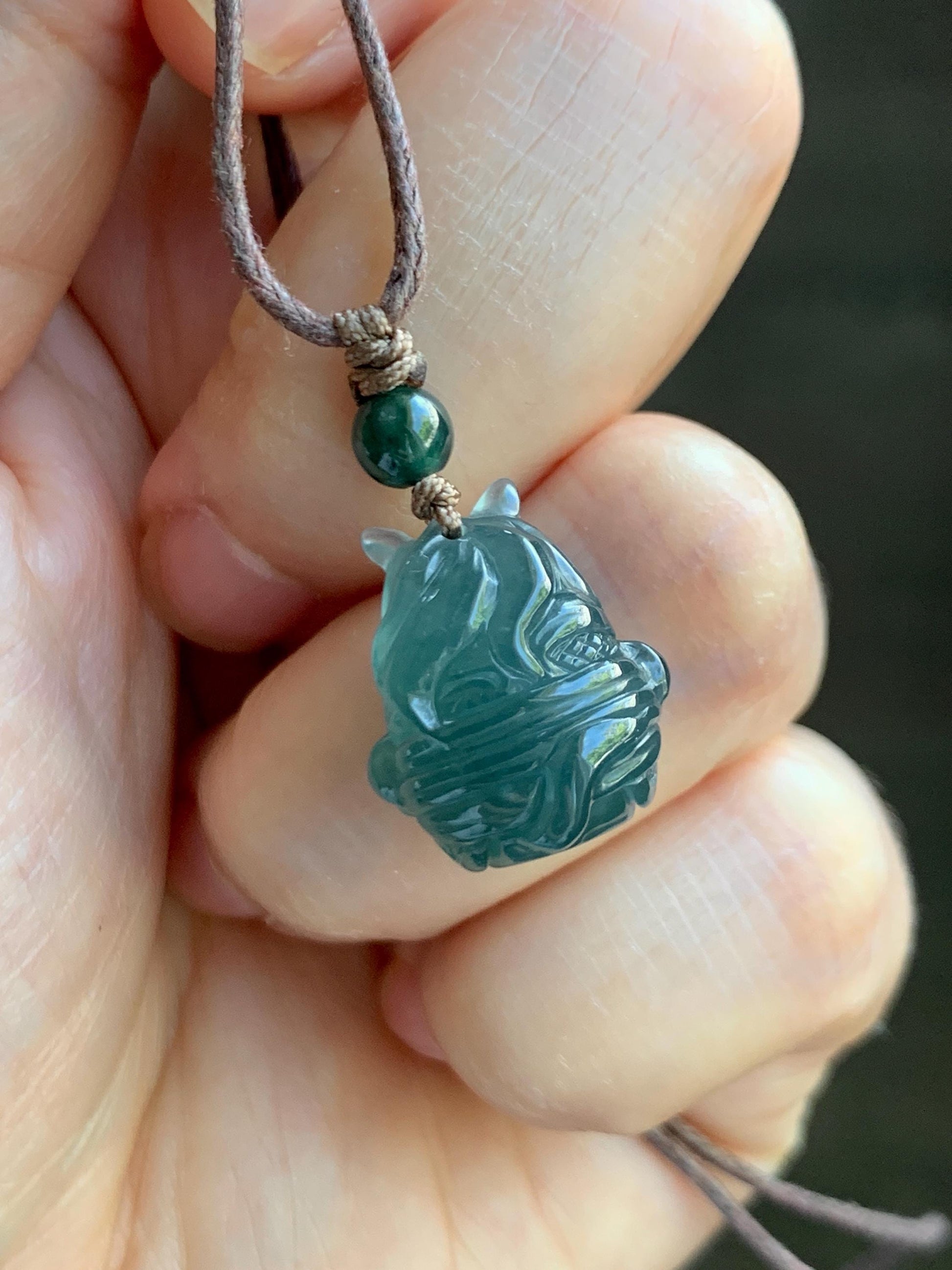 Natural Grade A Guatemalan Icy Translucent Dark Teal Blue Jade Jadeite Horse Pendant Rope Necklace Chinese Zodiac 25” 天然冰危深蓝翡翠生肖马吊坠 SHX150H