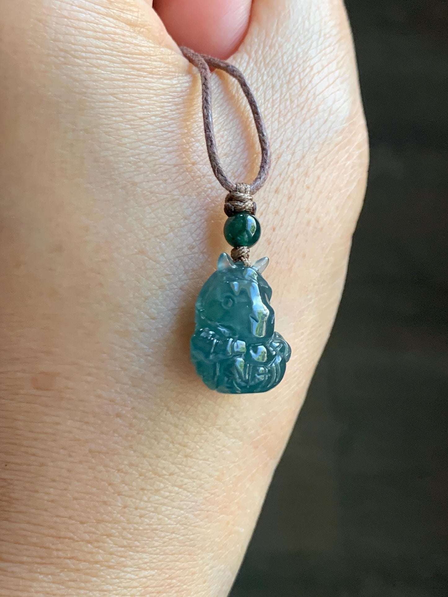 Natural Grade A Guatemalan Icy Translucent Dark Teal Blue Jade Jadeite Horse Pendant Rope Necklace Chinese Zodiac 25” 天然冰危深蓝翡翠生肖马吊坠 SHX150H