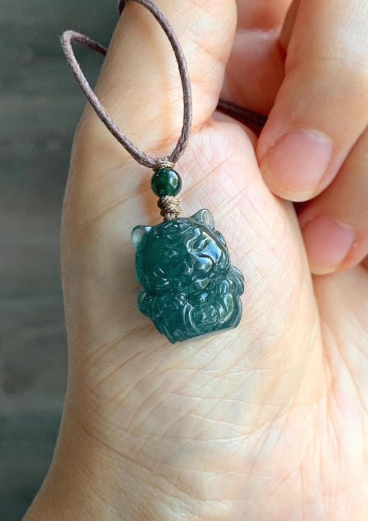 Natural Grade A Guatemalan Icy Translucent Dark Teal Blue Jade Jadeite Tiger Pendant Rope Necklace Chinese Zodiac 25” 天然冰危深蓝翡翠生肖虎吊坠 SHX150T