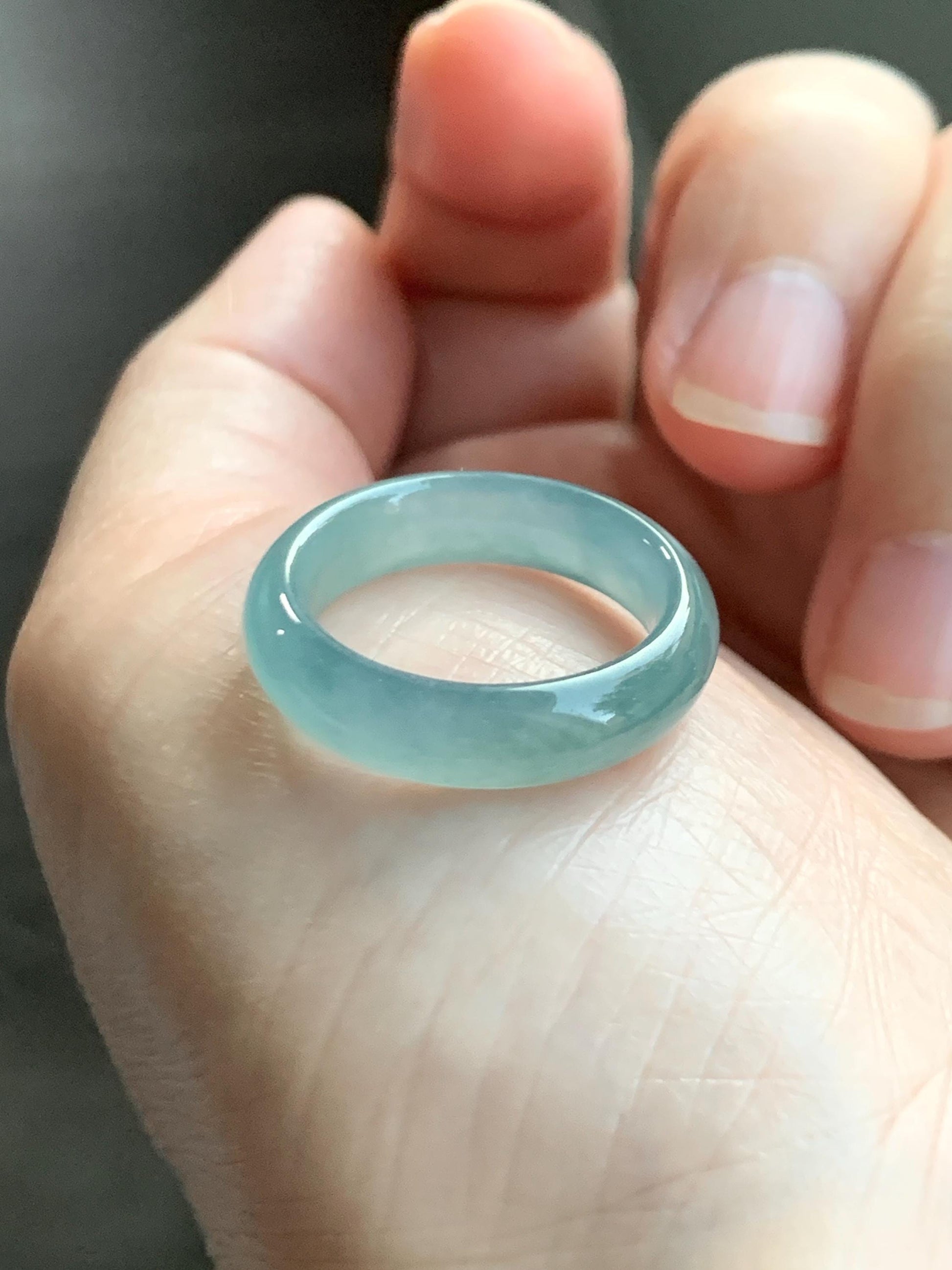 Natural Grade A Guatemalan Icy Translucent Dusty Teal Blue Jade Jadeite Wide Band Ring Comfort Fit Size 6.75 US 天然冰胶危蓝绿翡翠揭阳工戒圈 KWL330E