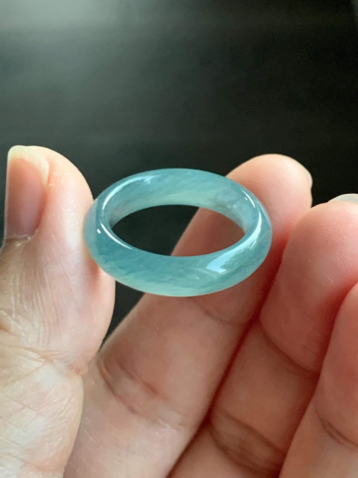 Natural Grade A Guatemalan Icy Translucent Dusty Teal Blue Jade Jadeite Wide Band Ring Comfort Fit Size 6.75 US 天然冰胶危蓝绿翡翠揭阳工戒圈 KWL330E