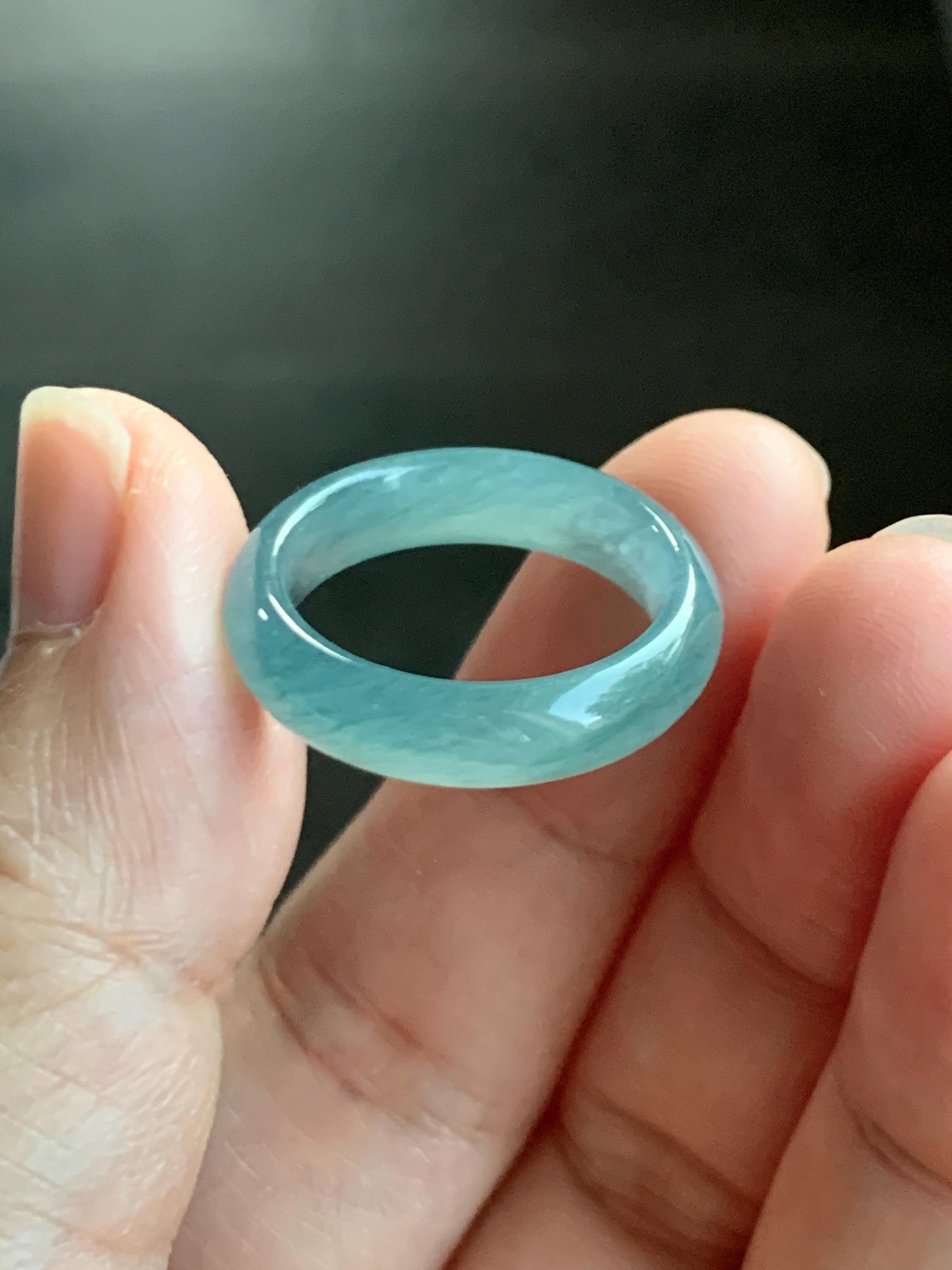 Natural Grade A Guatemalan Icy Translucent Dusty Teal Blue Jade Jadeite Wide Band Ring Comfort Fit Size 6.75 US 天然冰胶危蓝绿翡翠揭阳工戒圈 KWL330E