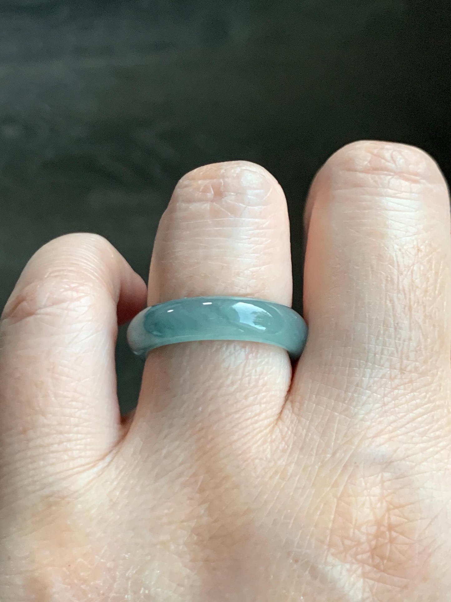 Natural Grade A Guatemalan Icy Translucent Dusty Teal Blue Jade Jadeite Wide Band Ring Comfort Fit Size 6.75 US 天然冰胶危蓝绿翡翠揭阳工戒圈 KWL330E