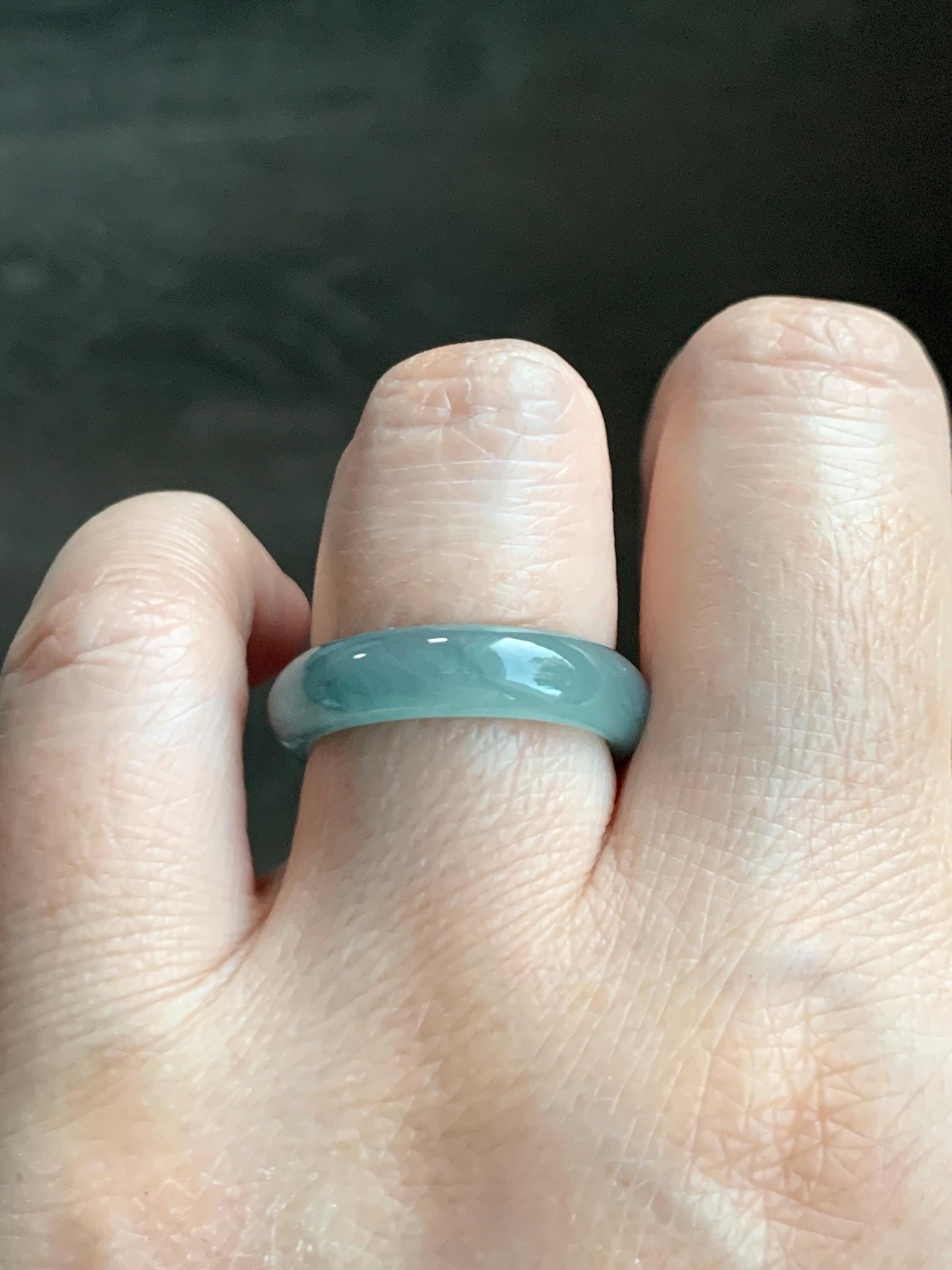 Natural Grade A Guatemalan Icy Translucent Dusty Teal Blue Jade Jadeite Wide Band Ring Comfort Fit Size 6.75 US 天然冰胶危蓝绿翡翠揭阳工戒圈 KWL330E