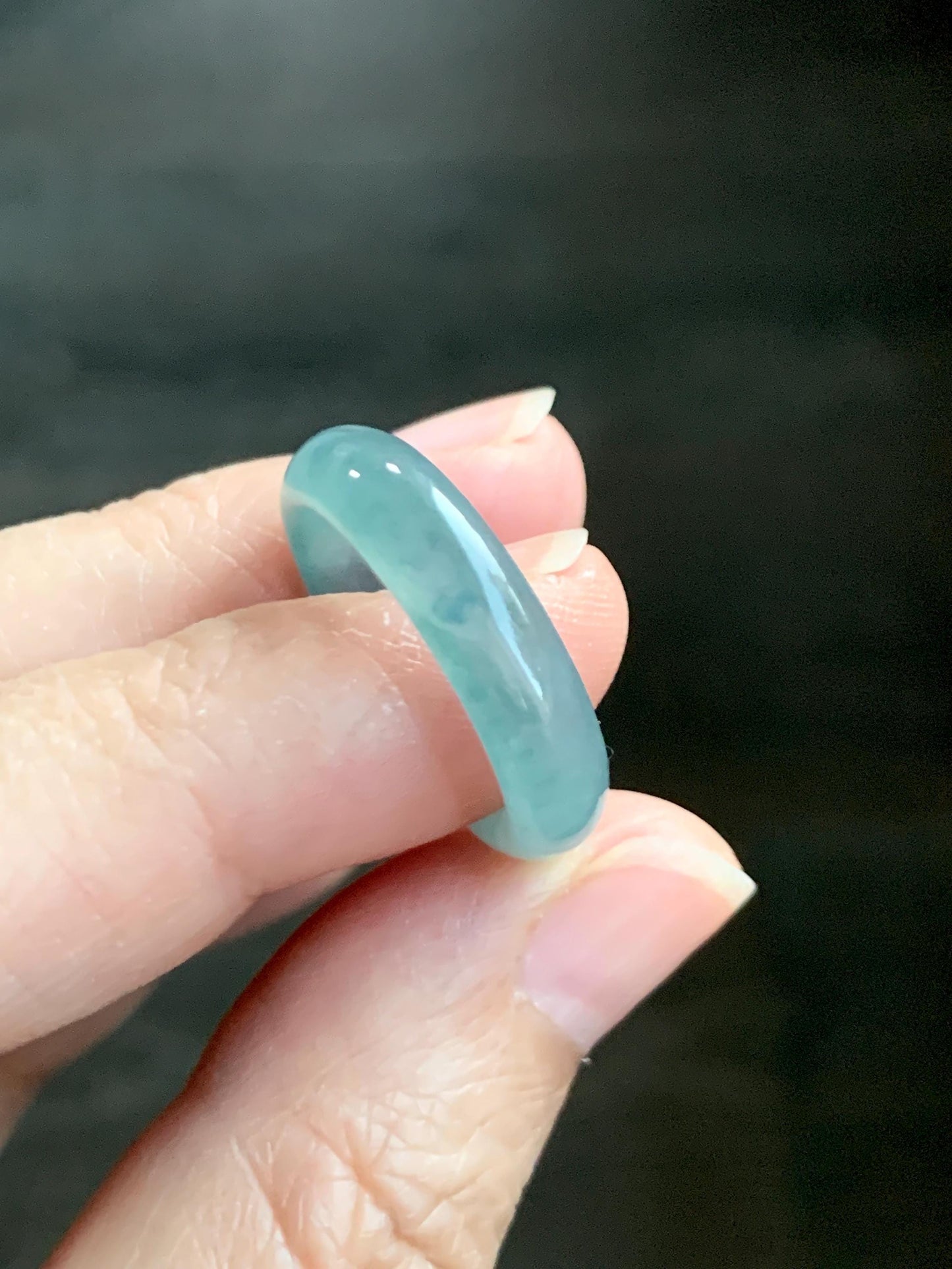 Natural Grade A Guatemalan Icy Translucent Dusty Teal Blue Jade Jadeite Wide Band Ring Comfort Fit Size 6.75 US 天然冰胶危蓝绿翡翠揭阳工戒圈 KWL330E