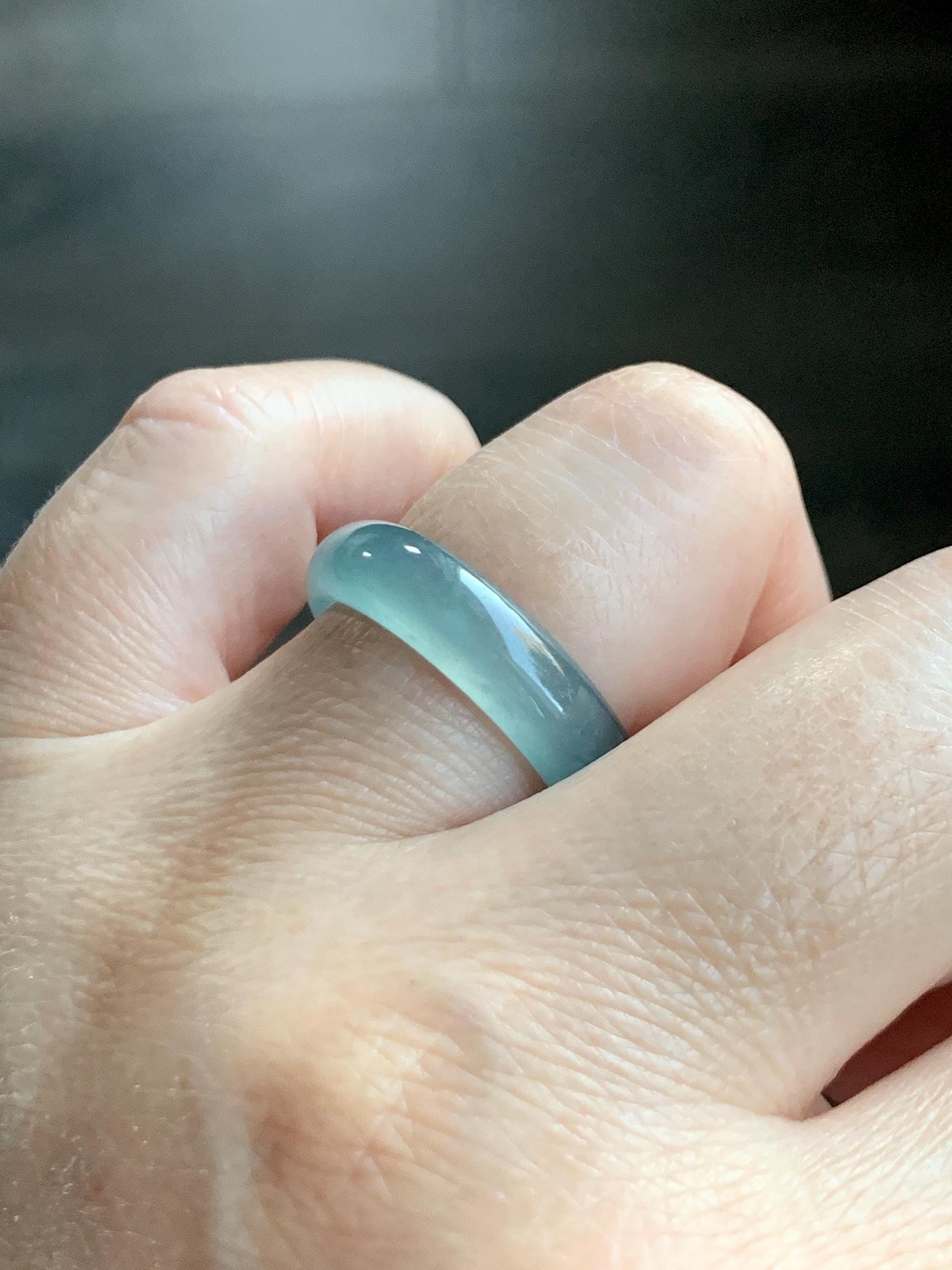 Natural Grade A Guatemalan Icy Translucent Dusty Teal Blue Jade Jadeite Wide Band Ring Comfort Fit Size 7.25 US 天然冰胶危蓝绿翡翠揭阳工戒圈 KWL330D