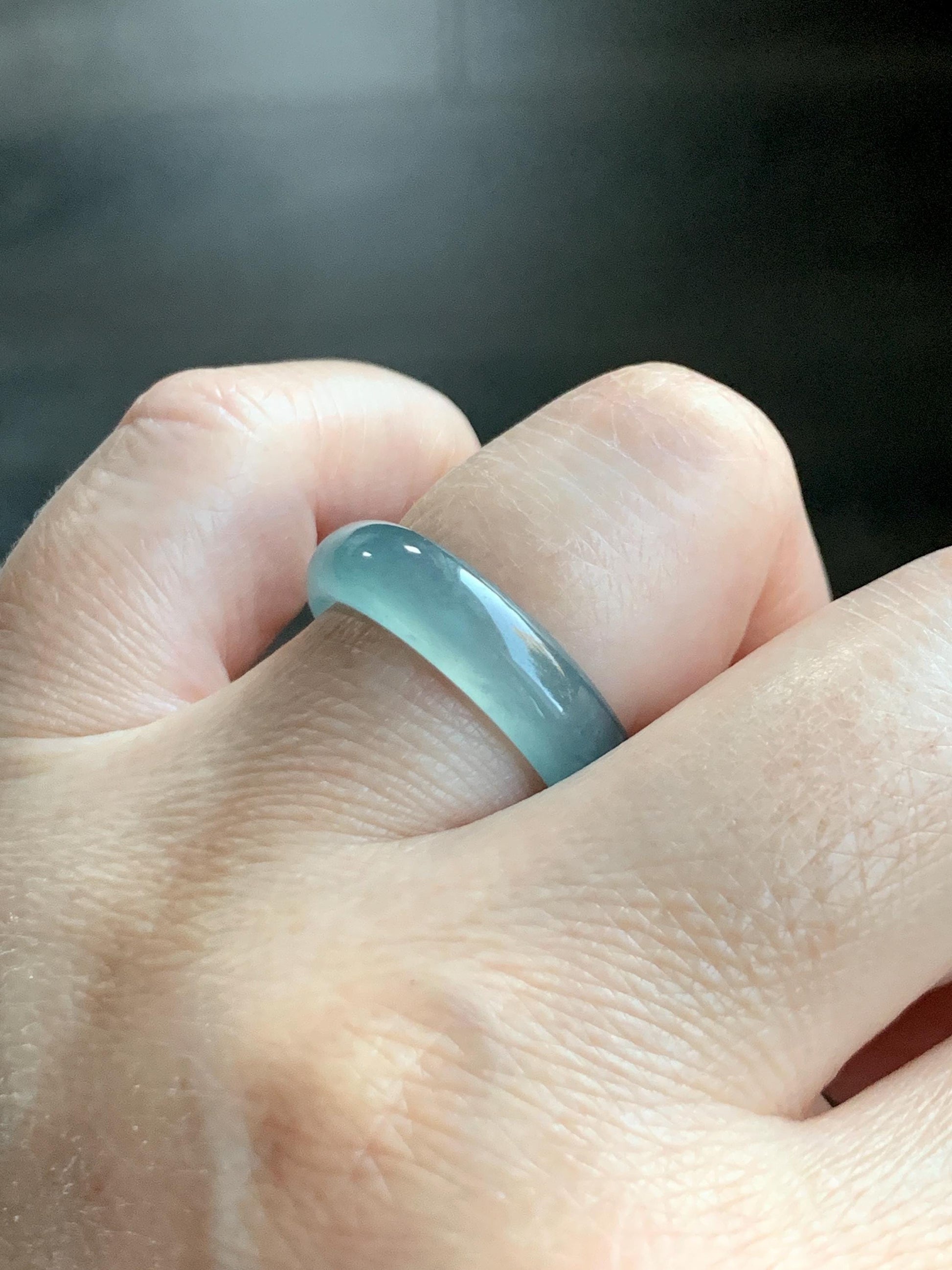 Natural Grade A Guatemalan Icy Translucent Dusty Teal Blue Jade Jadeite Wide Band Ring Comfort Fit Size 7.25 US 天然冰胶危蓝绿翡翠揭阳工戒圈 KWL330D