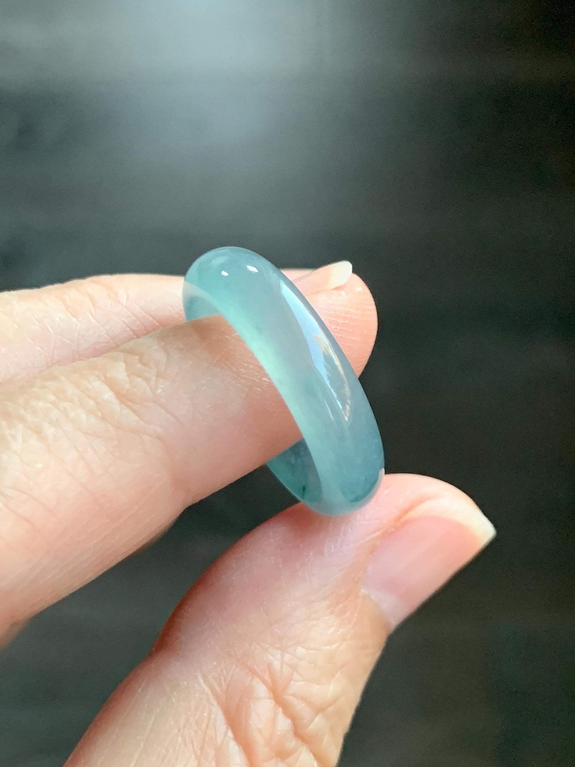 Natural Grade A Guatemalan Icy Translucent Dusty Teal Blue Jade Jadeite Wide Band Ring Comfort Fit Size 7.25 US 天然冰胶危蓝绿翡翠揭阳工戒圈 KWL330D