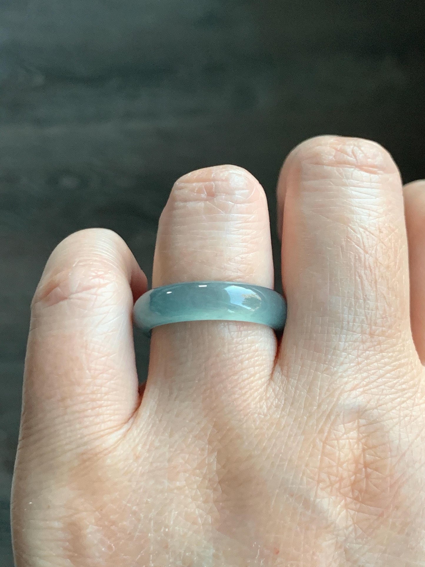 Natural Grade A Guatemalan Icy Translucent Dusty Teal Blue Jade Jadeite Wide Band Ring Comfort Fit Size 7.25 US 天然冰胶危蓝绿翡翠揭阳工戒圈 KWL330D