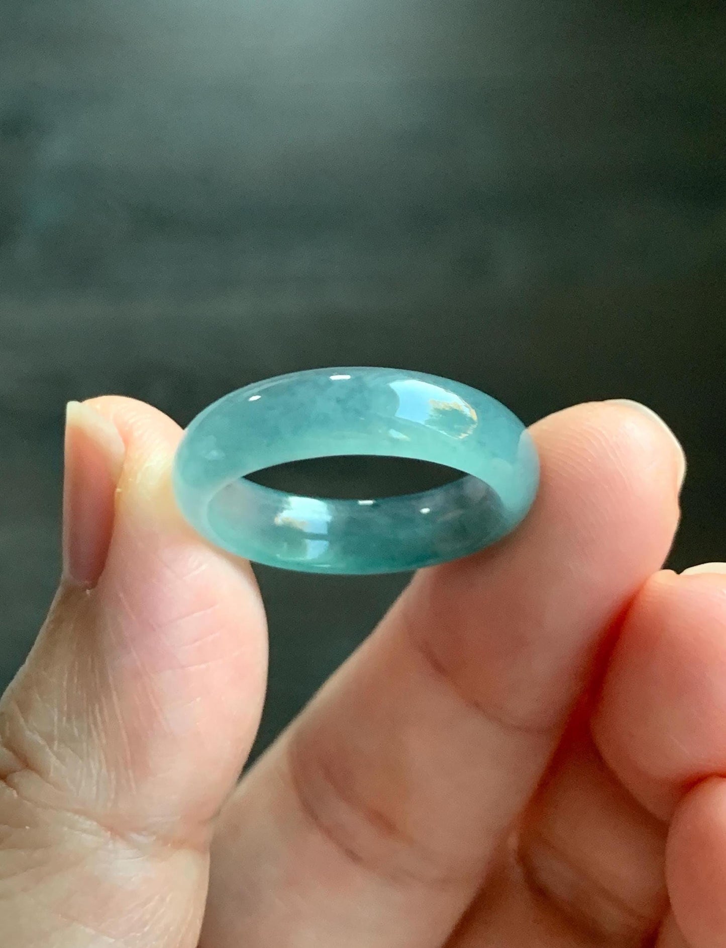 Natural Grade A Guatemalan Icy Translucent Dusty Teal Blue Jade Jadeite Wide Band Ring Comfort Fit Size 7.25 US 天然冰胶危蓝绿翡翠揭阳工戒圈 KWL330D