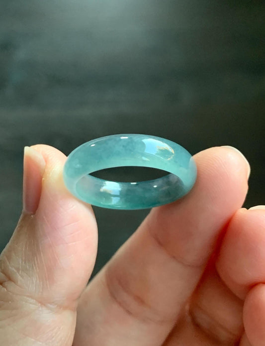 Natural Grade A Guatemalan Icy Translucent Dusty Teal Blue Jade Jadeite Wide Band Ring Comfort Fit Size 7.25 US 天然冰胶危蓝绿翡翠揭阳工戒圈 KWL330D