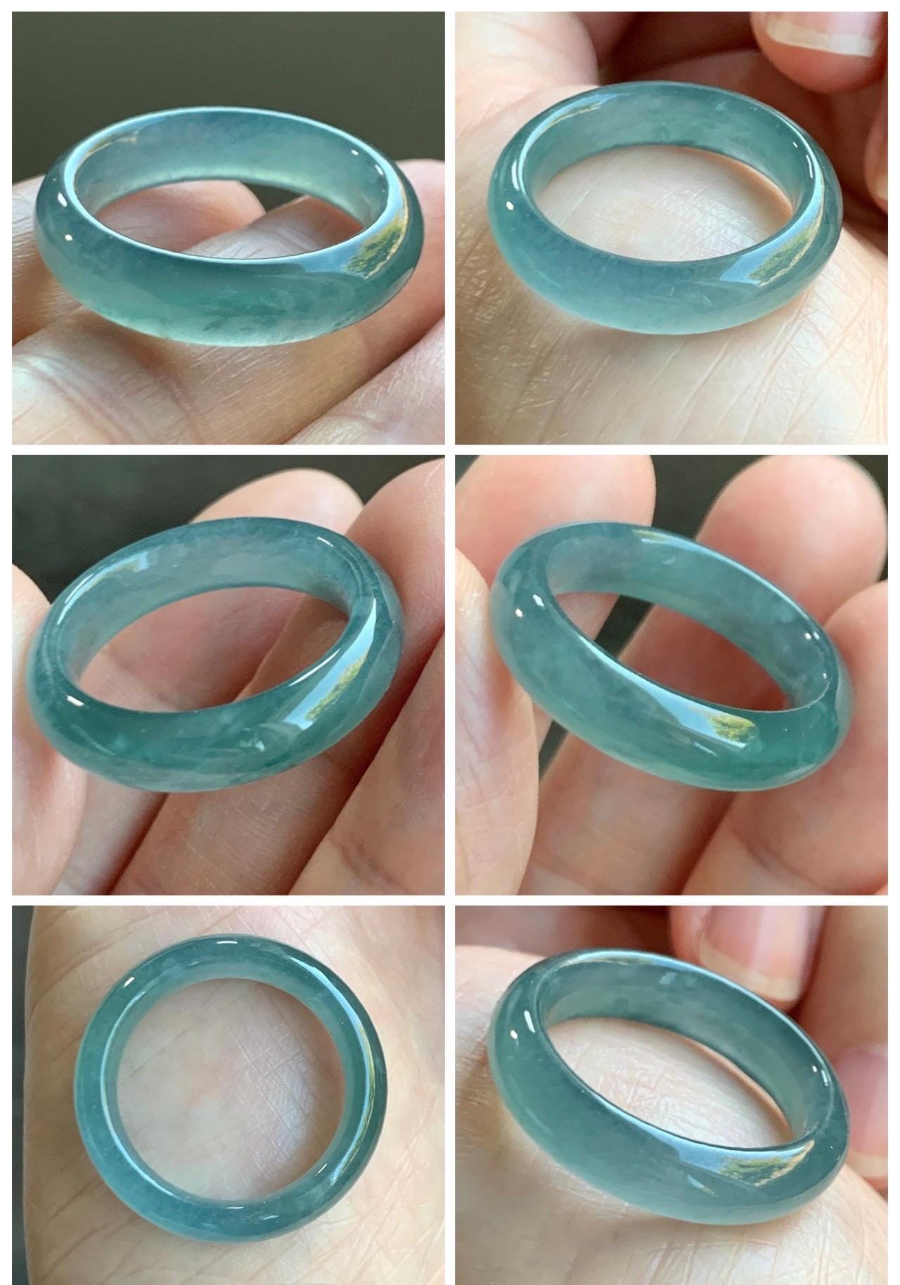 Natural Grade A Guatemalan Icy Translucent Dark Teal Blue Jade Jadeite Wide Band Ring Comfort Fit Size 9.75 US 天然冰胶危蓝绿翡翠揭阳工戒圈 KWL330C