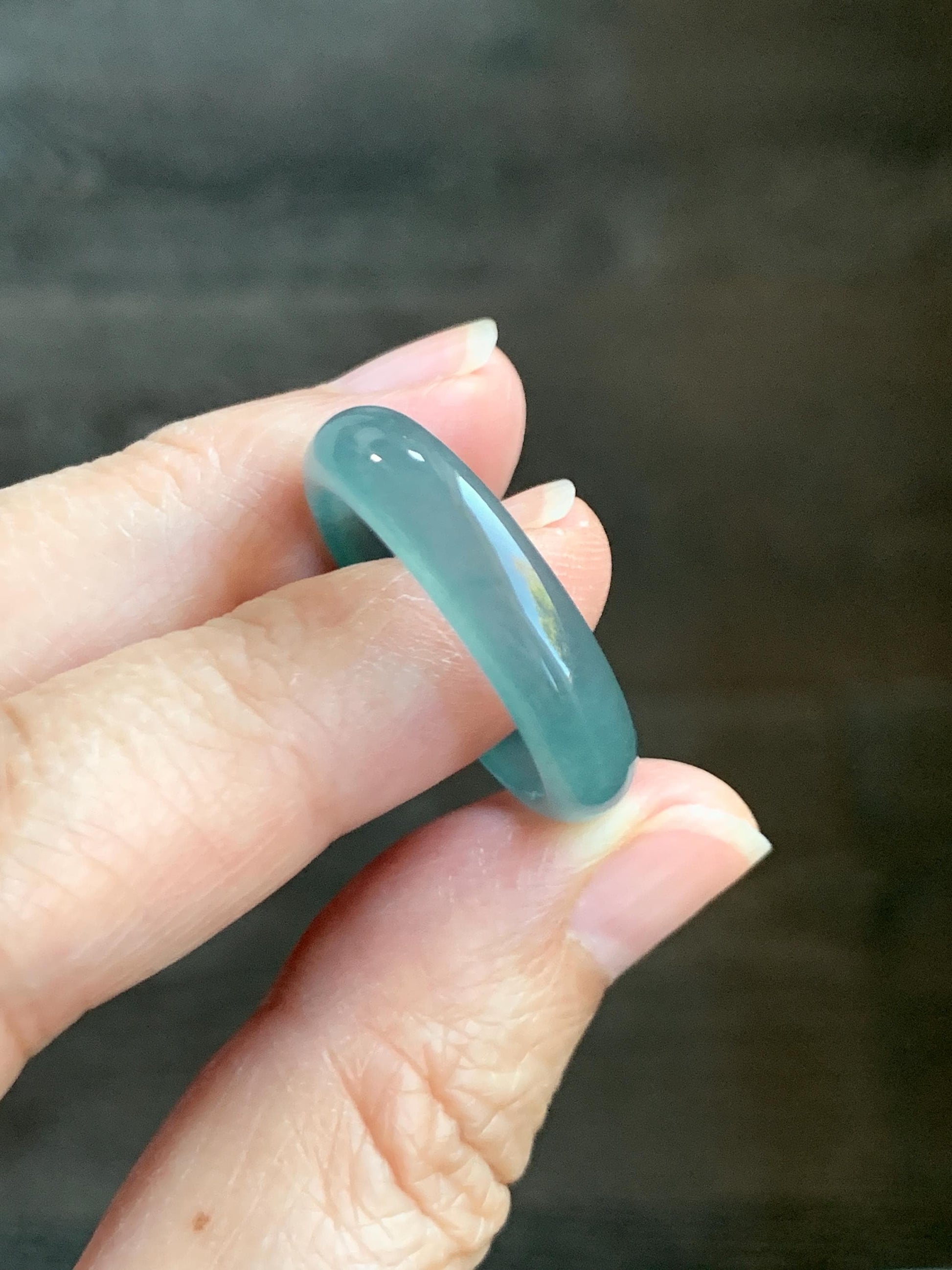 Natural Grade A Guatemalan Icy Translucent Dark Teal Blue Jade Jadeite Wide Band Ring Comfort Fit Size 9.75 US 天然冰胶危蓝绿翡翠揭阳工戒圈 KWL330C