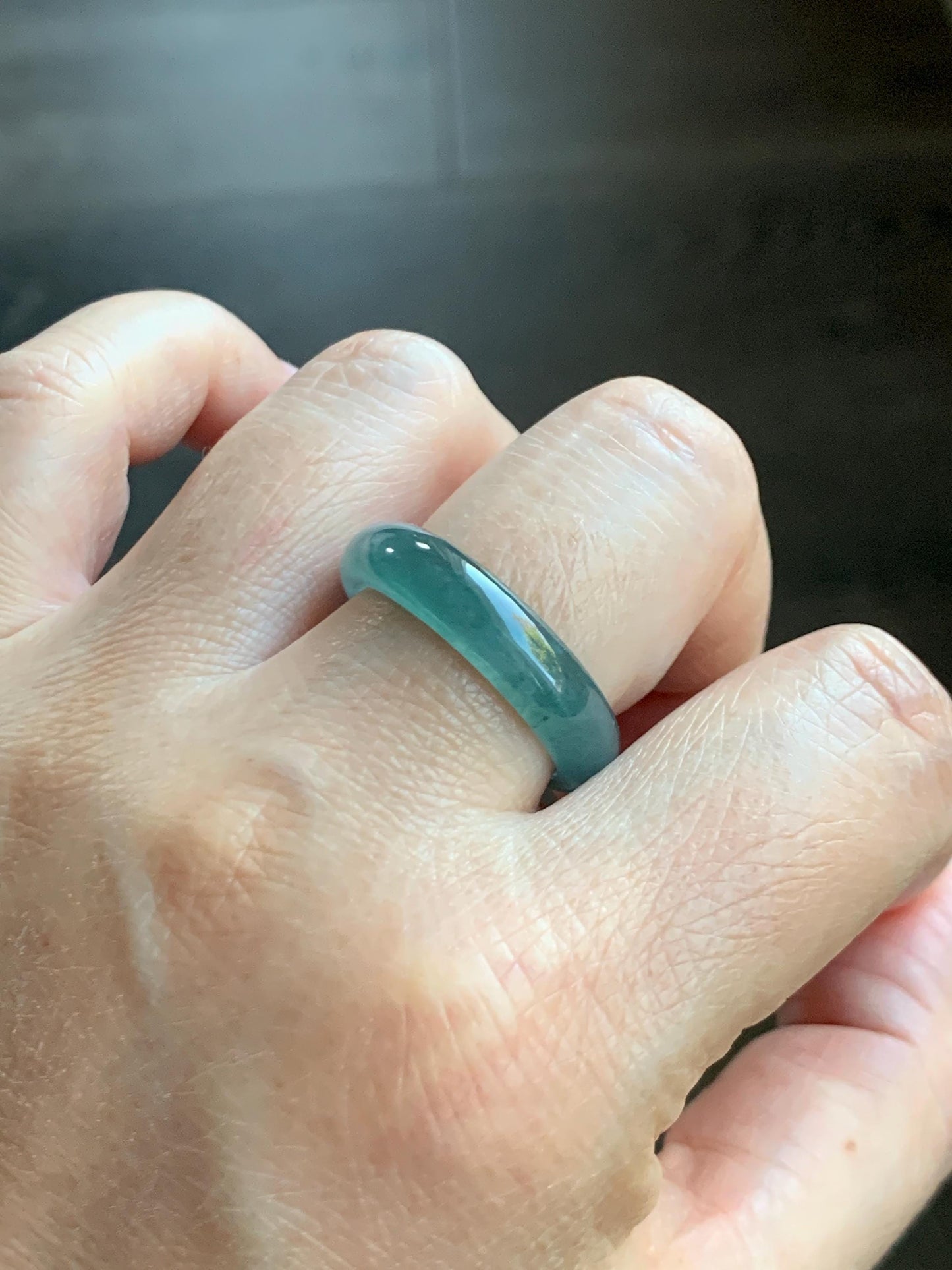 Natural Grade A Guatemalan Icy Translucent Dark Teal Blue Jade Jadeite Wide Band Ring Comfort Fit Size 9.75 US 天然冰胶危蓝绿翡翠揭阳工戒圈 KWL330C