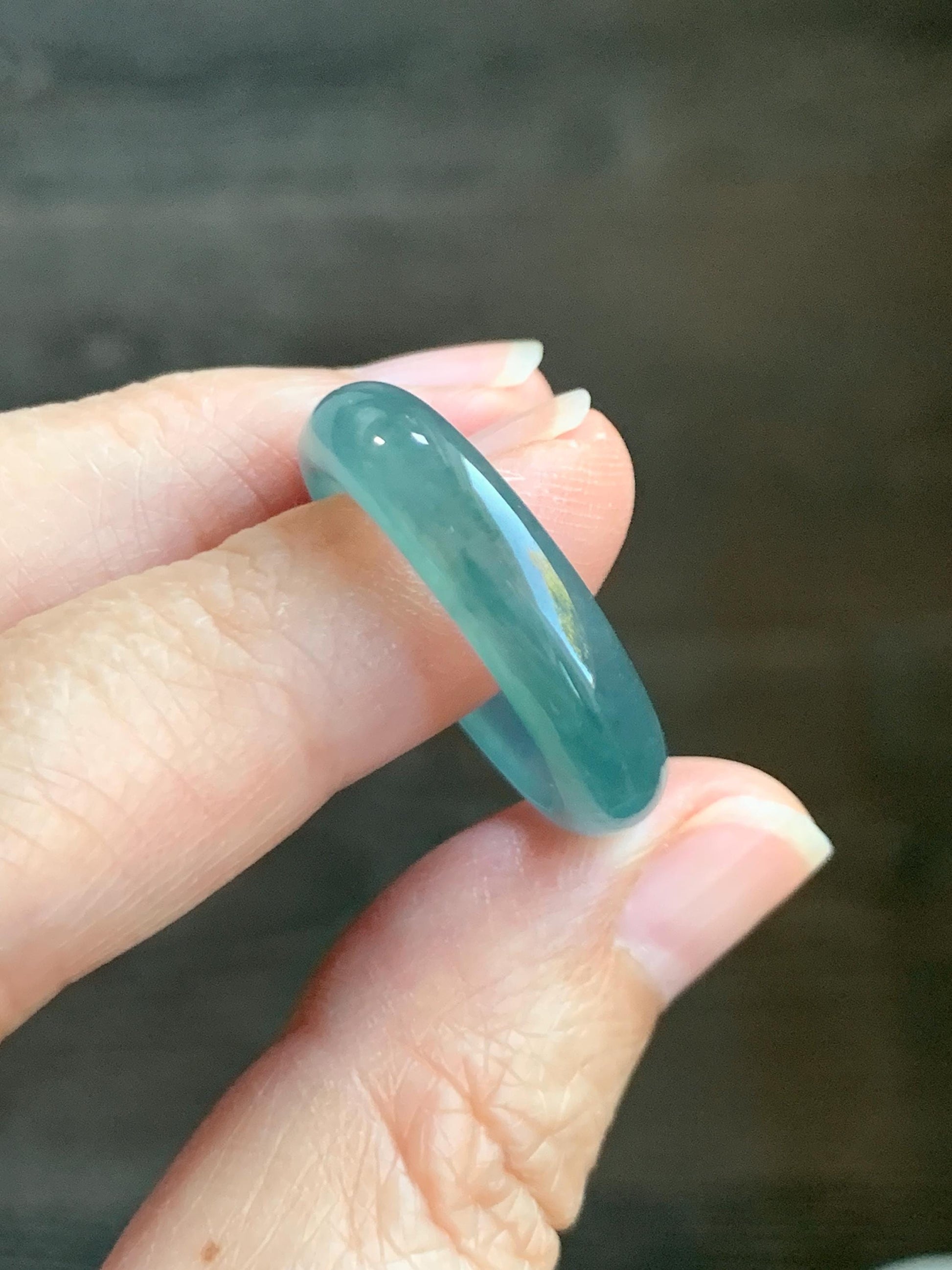 Natural Grade A Guatemalan Icy Translucent Dark Teal Blue Jade Jadeite Wide Band Ring Comfort Fit Size 9.75 US 天然冰胶危蓝绿翡翠揭阳工戒圈 KWL330C