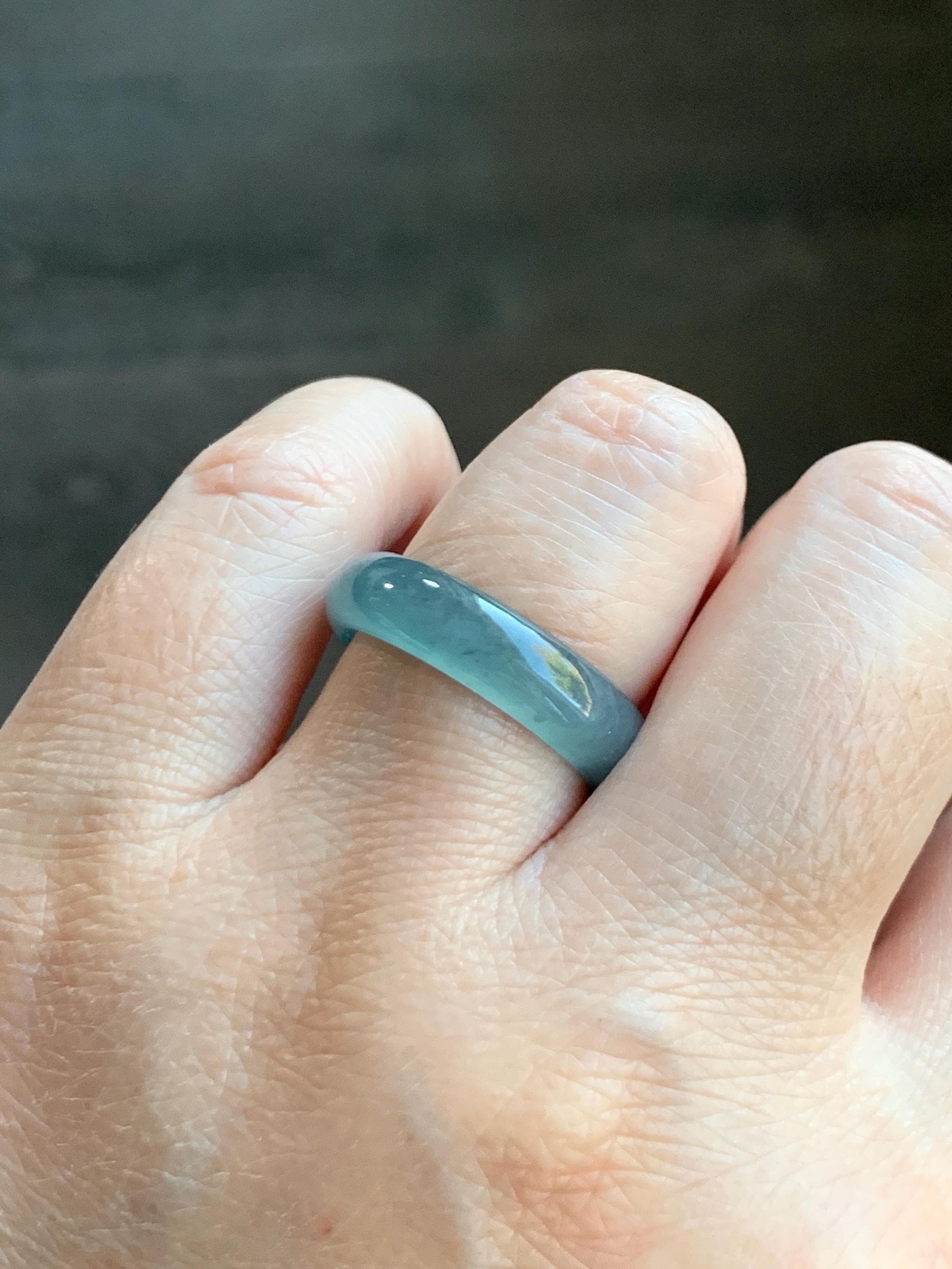 Natural Grade A Guatemalan Icy Translucent Bicolored Teal Blue Jade Jadeite Wide Band Ring Comfort Fit Size 7.75 US 天然冰胶危蓝绿翡翠揭阳工戒圈 KWL330B