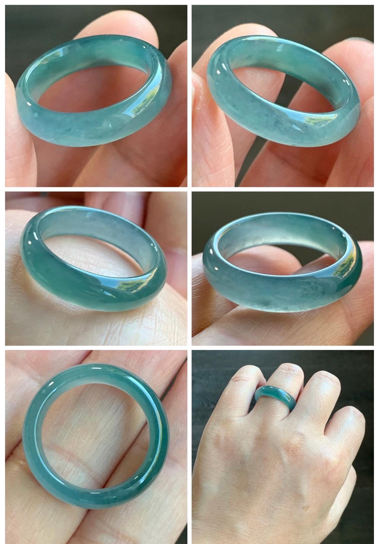 Natural Grade A Guatemalan Icy Translucent Bicolored Teal Blue Jade Jadeite Wide Band Ring Comfort Fit Size 7.75 US 天然冰胶危蓝绿翡翠揭阳工戒圈 KWL330B