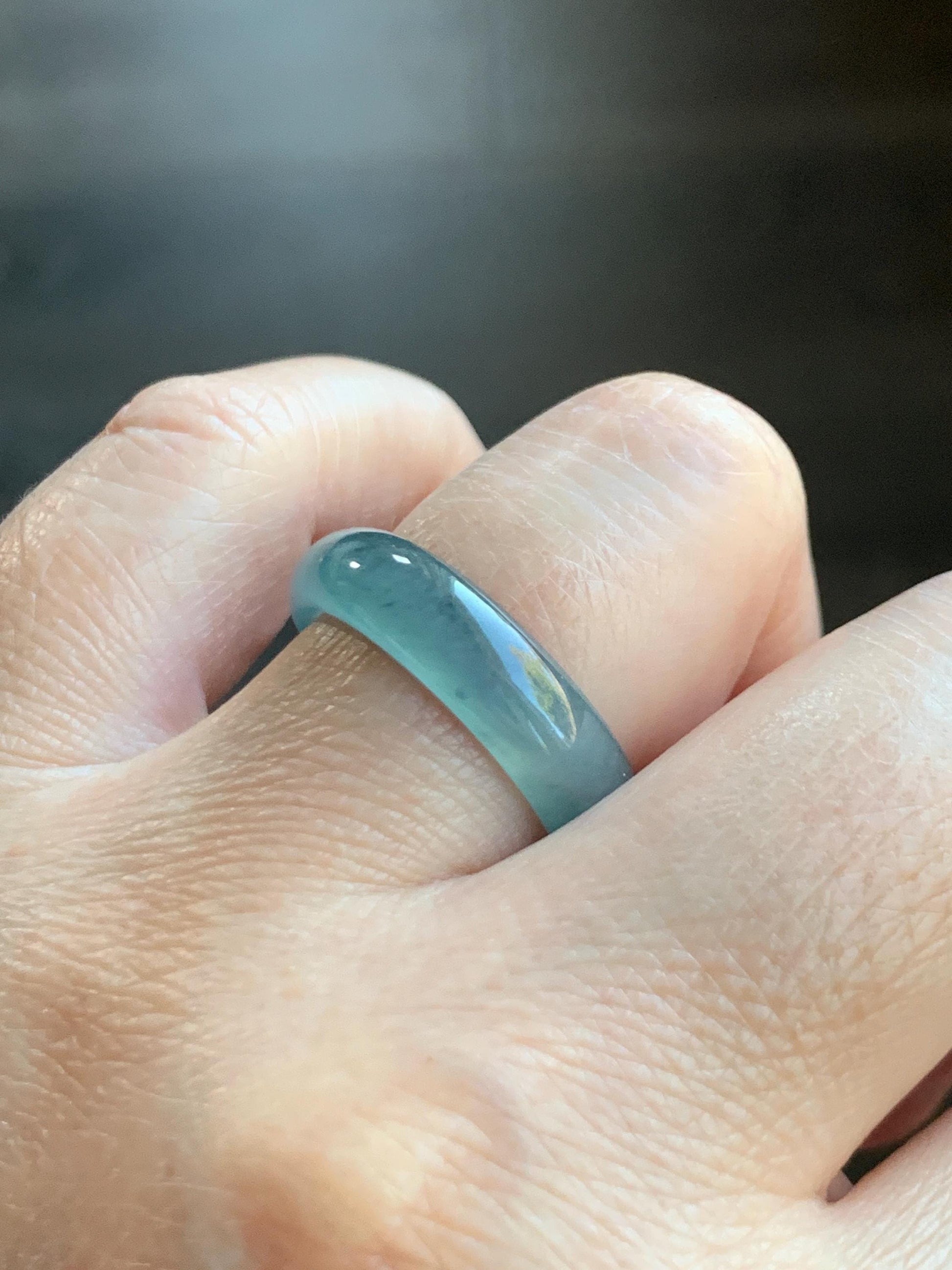 Natural Grade A Guatemalan Icy Translucent Bicolored Teal Blue Jade Jadeite Wide Band Ring Comfort Fit Size 7.75 US 天然冰胶危蓝绿翡翠揭阳工戒圈 KWL330B