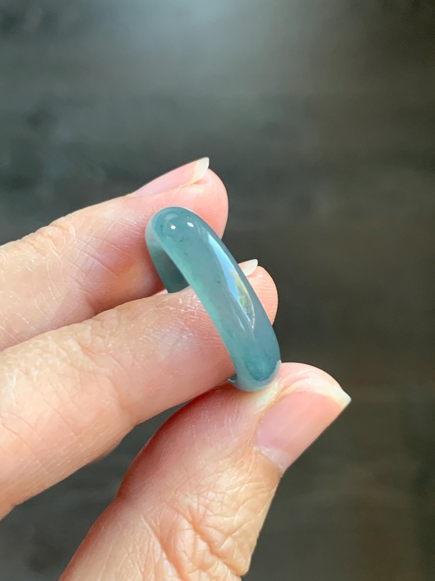 Natural Grade A Guatemalan Icy Translucent Bicolored Teal Blue Jade Jadeite Wide Band Ring Comfort Fit Size 7.75 US 天然冰胶危蓝绿翡翠揭阳工戒圈 KWL330B