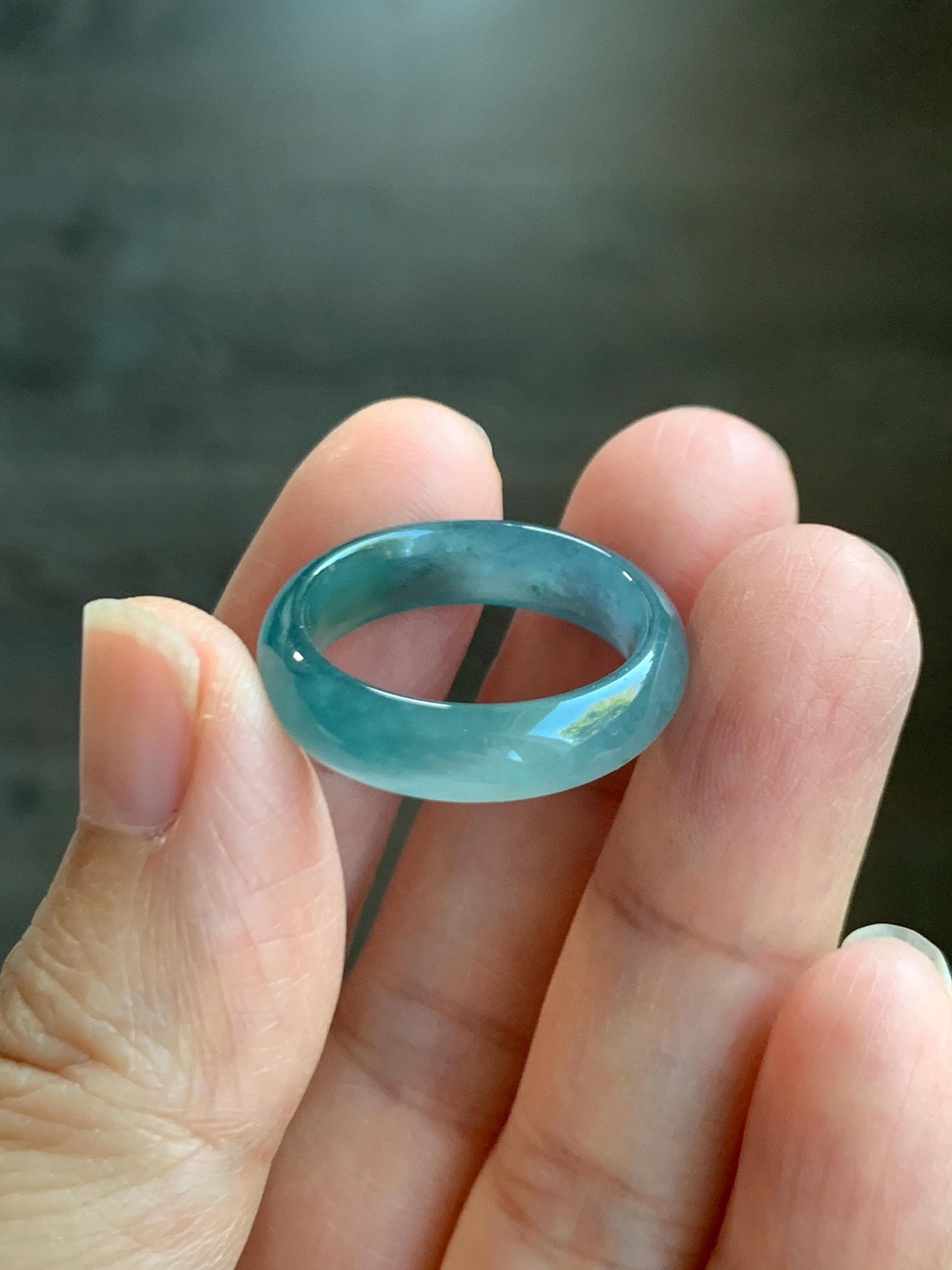 Natural Grade A Guatemalan Icy Translucent Bicolored Teal Blue Jade Jadeite Wide Band Ring Comfort Fit Size 7.75 US 天然冰胶危蓝绿翡翠揭阳工戒圈 KWL330B