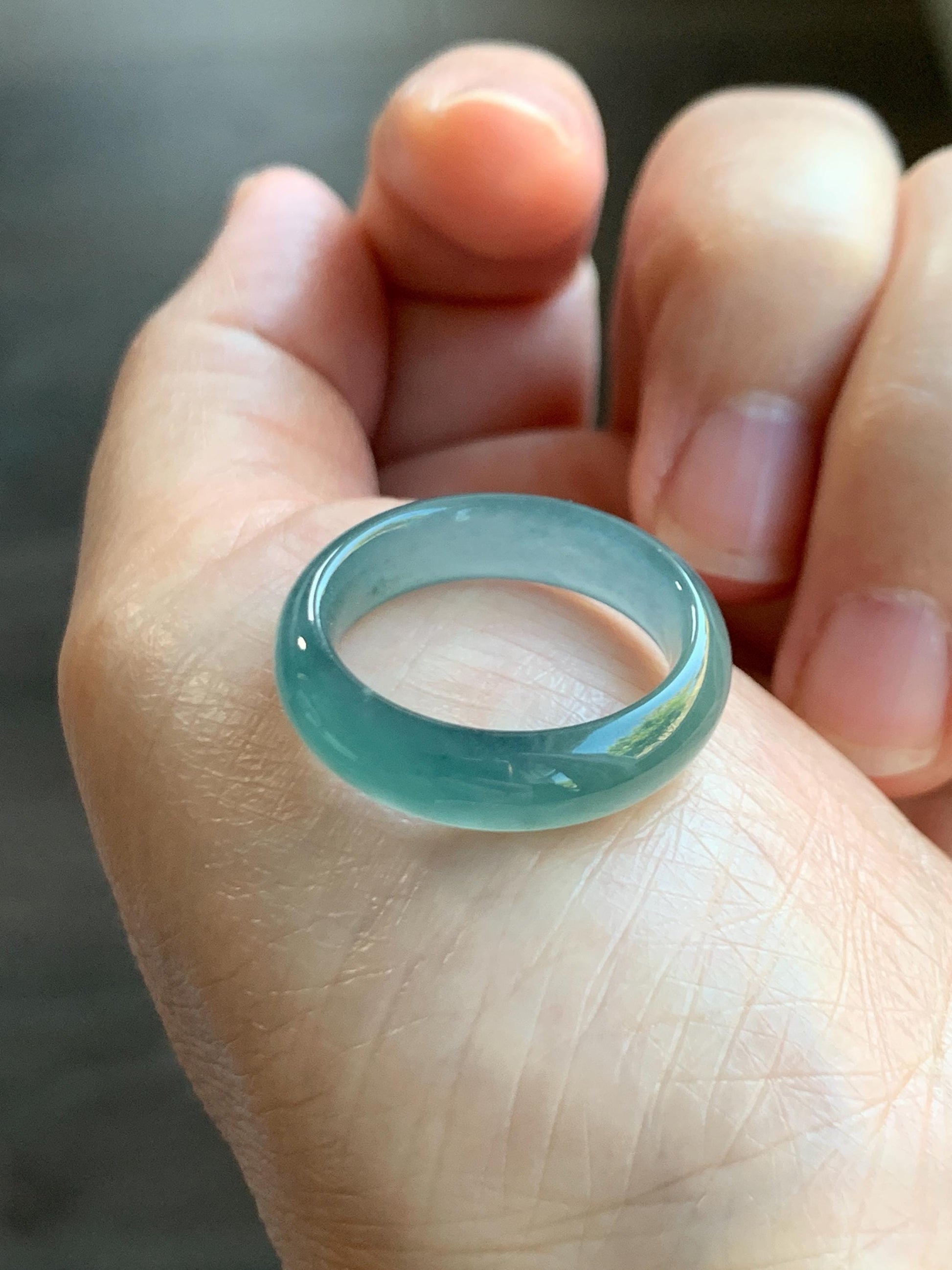 Natural Grade A Guatemalan Icy Translucent Bicolored Teal Blue Jade Jadeite Wide Band Ring Comfort Fit Size 7.75 US 天然冰胶危蓝绿翡翠揭阳工戒圈 KWL330B